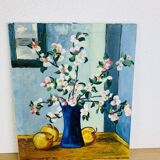 Still life painting bouquet of flowers and apples