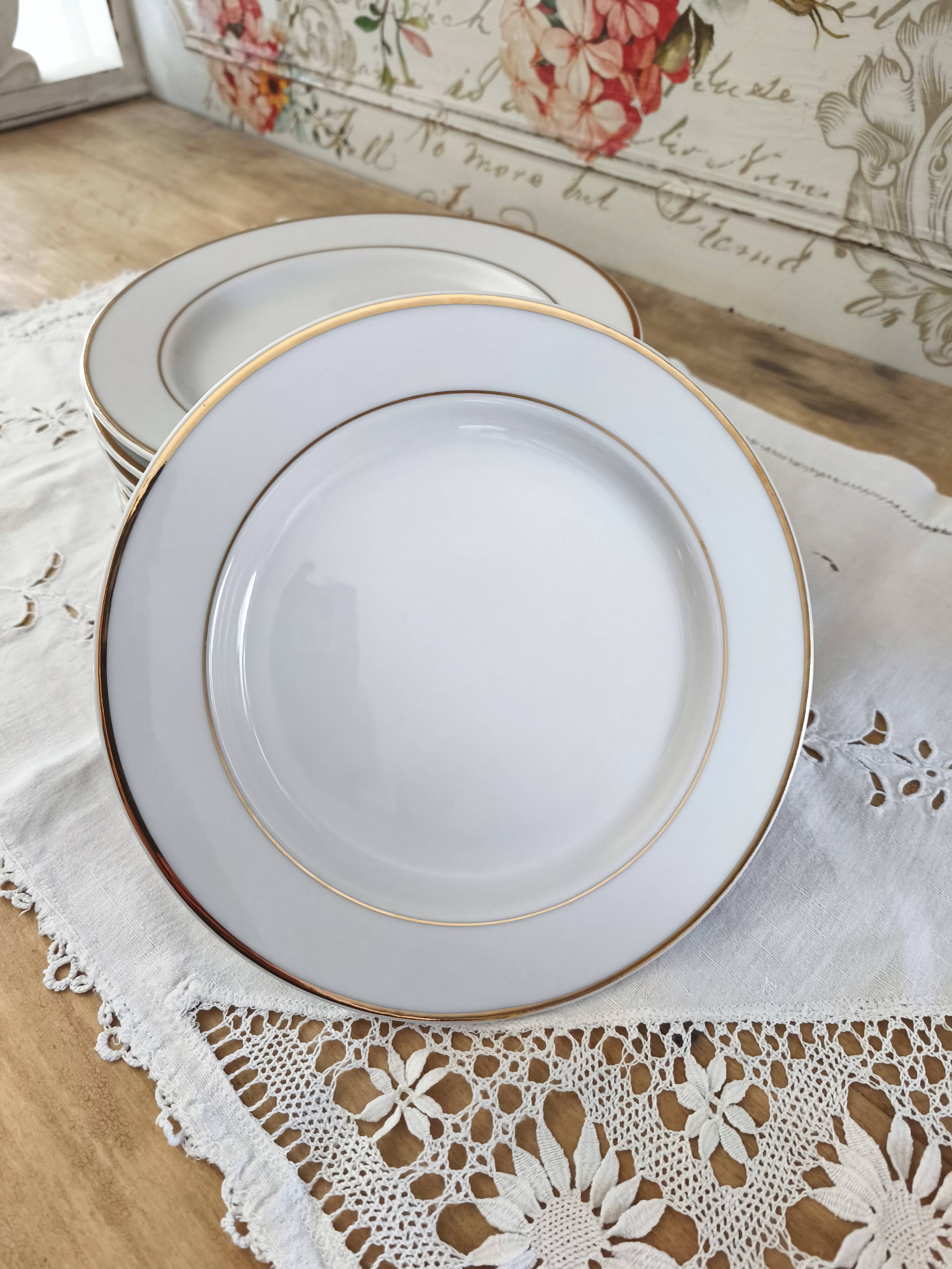 Lot de 12 assiettes dessert en porcelaine double liseré doré Ligne Hôtesse