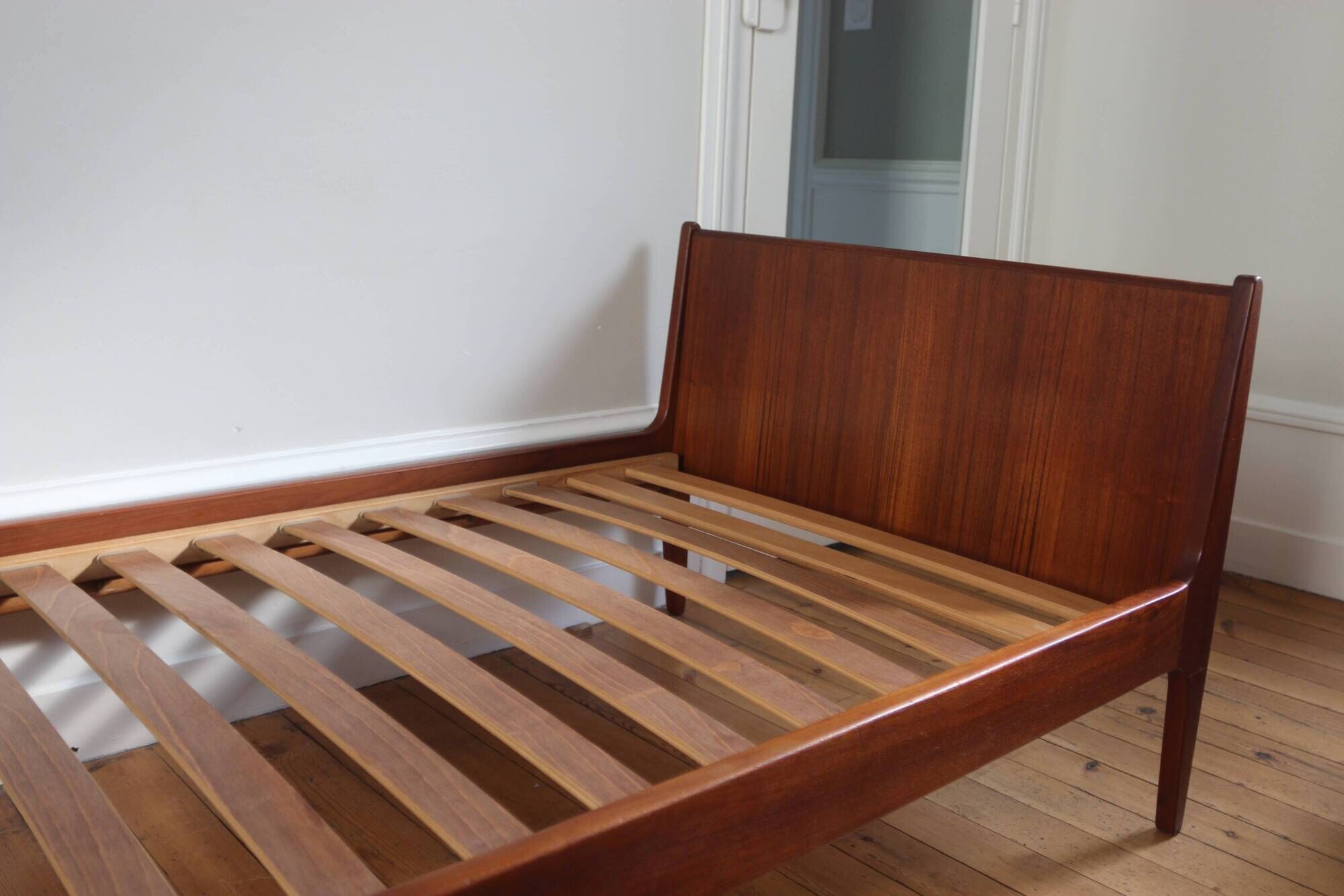 Vintage Scandinavian wicker and teak bed, Denmark 1960.