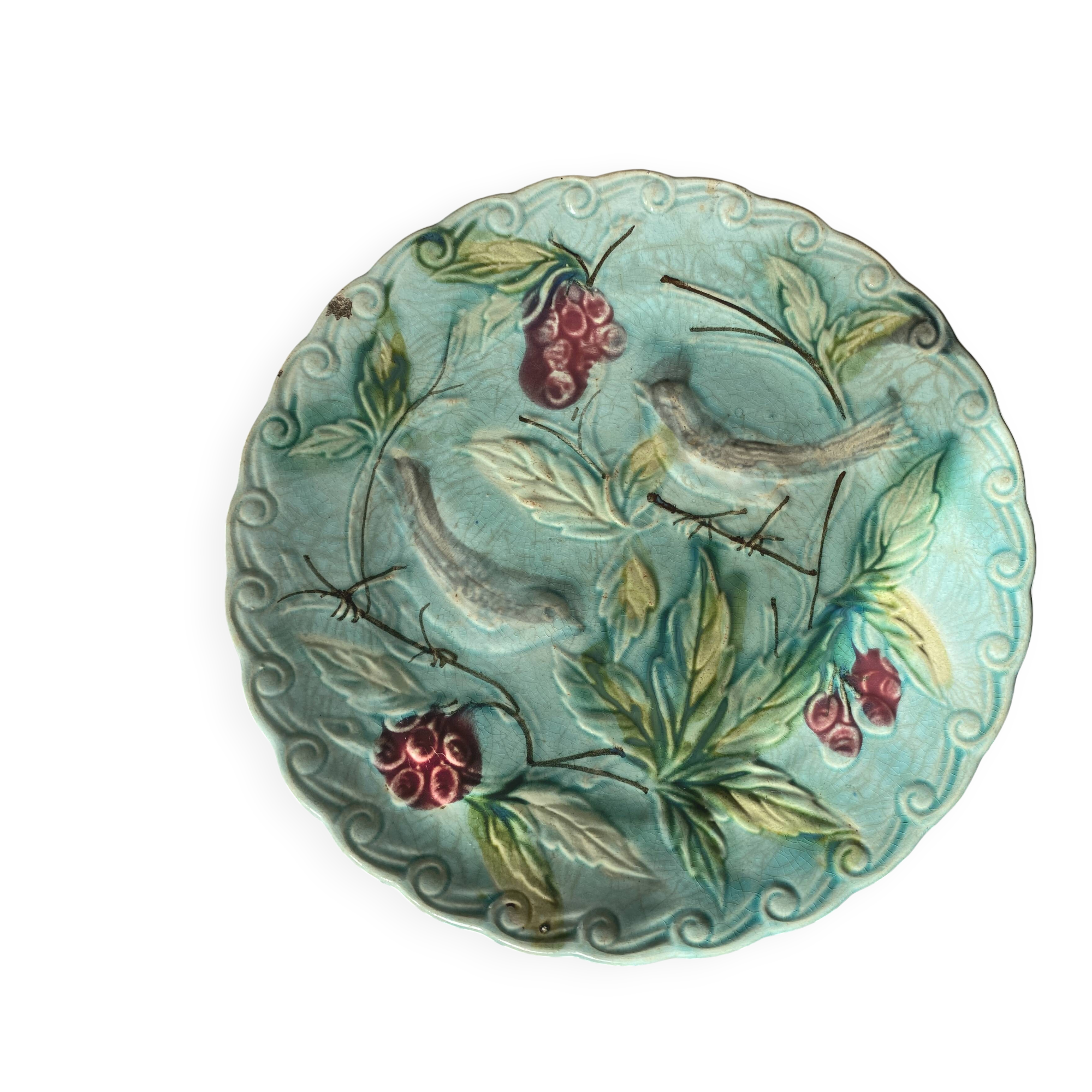 Ancienne assiette à dessert faïence Terre de Fer barbotine décor oiseaux