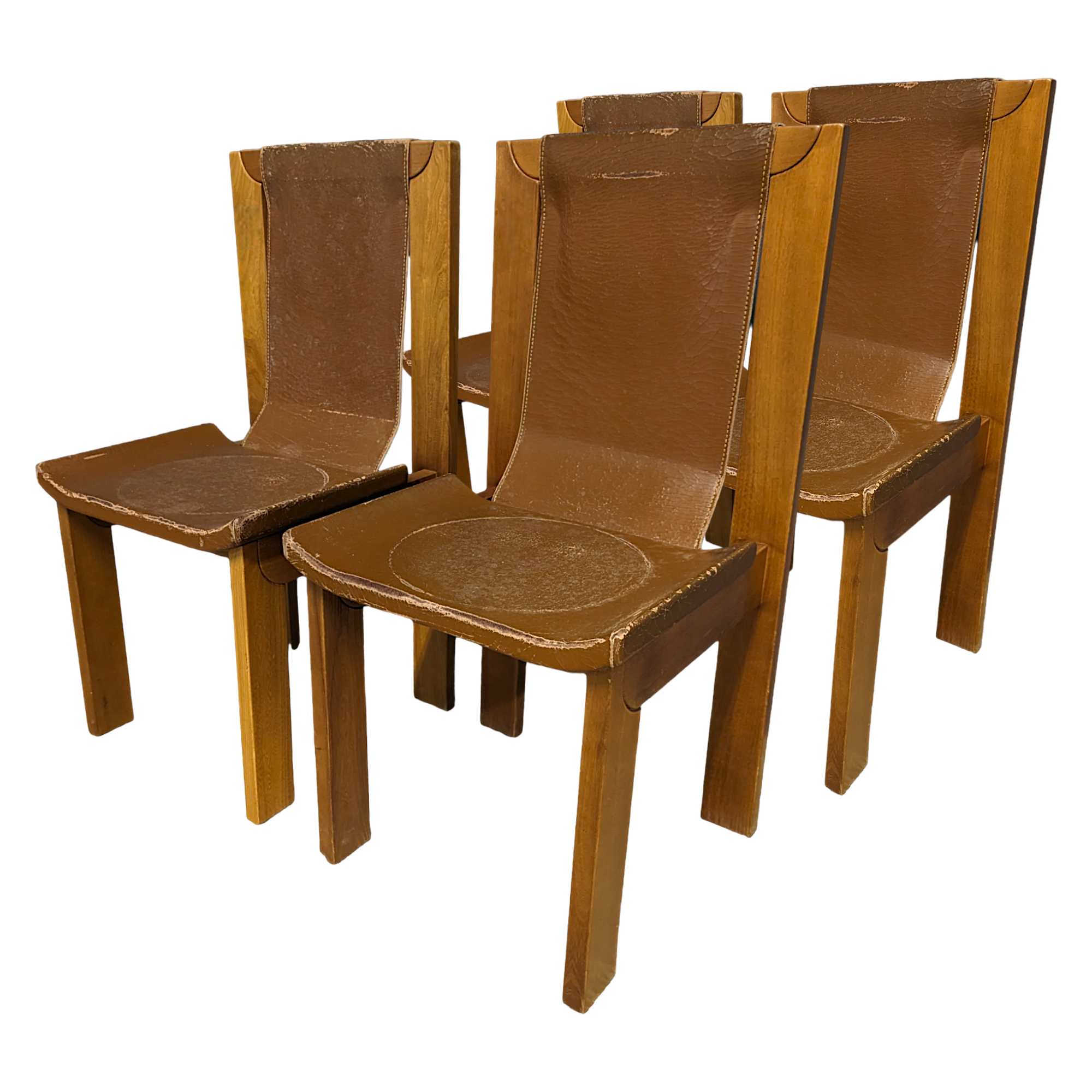 Series of 4 elm and leather chairs by Luigi Gorgoni