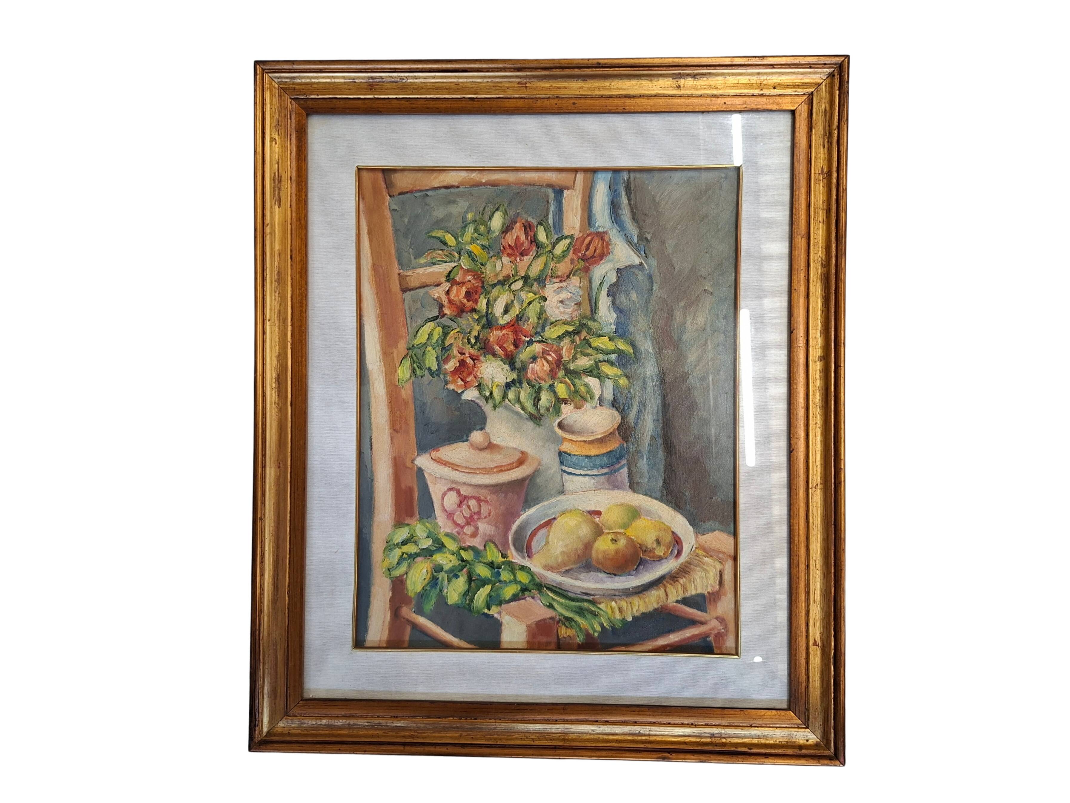Nature Morte Élégante sur Chaise – Peinture à l'Huile avec Cadre Doré 59x69