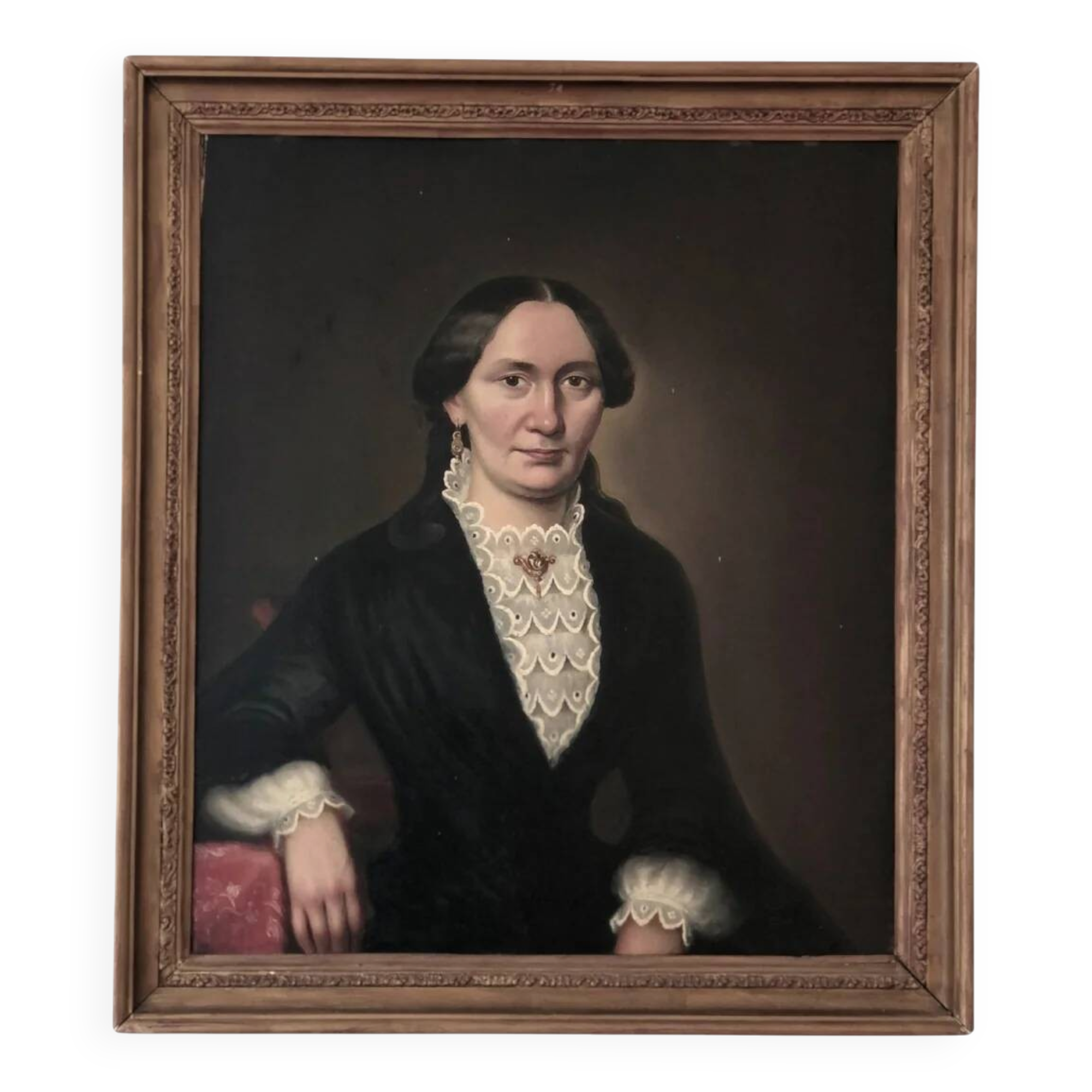 Antique oil portrait painting, framed large lady portrait, c. 1840