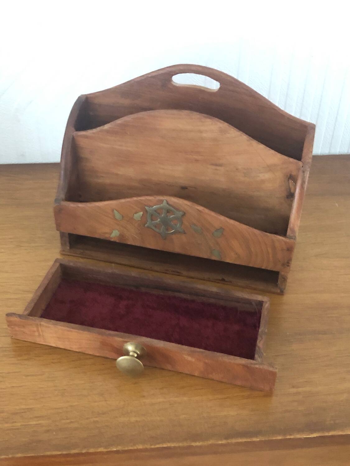Mail holder / letter holder in vintage wood and brass