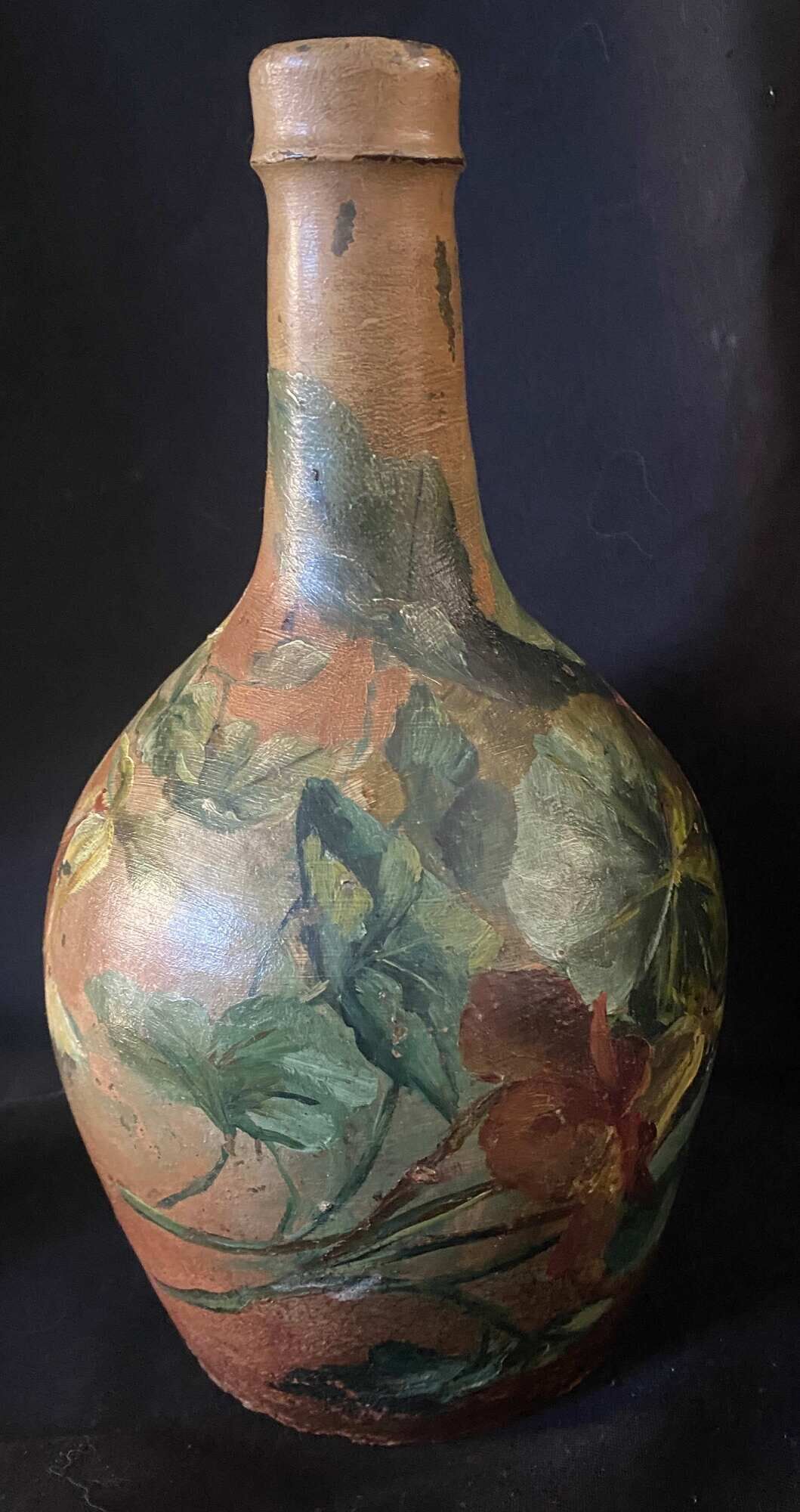 Beautiful bottle B old sandstone painted with floral motifs Folk art Puisaye
