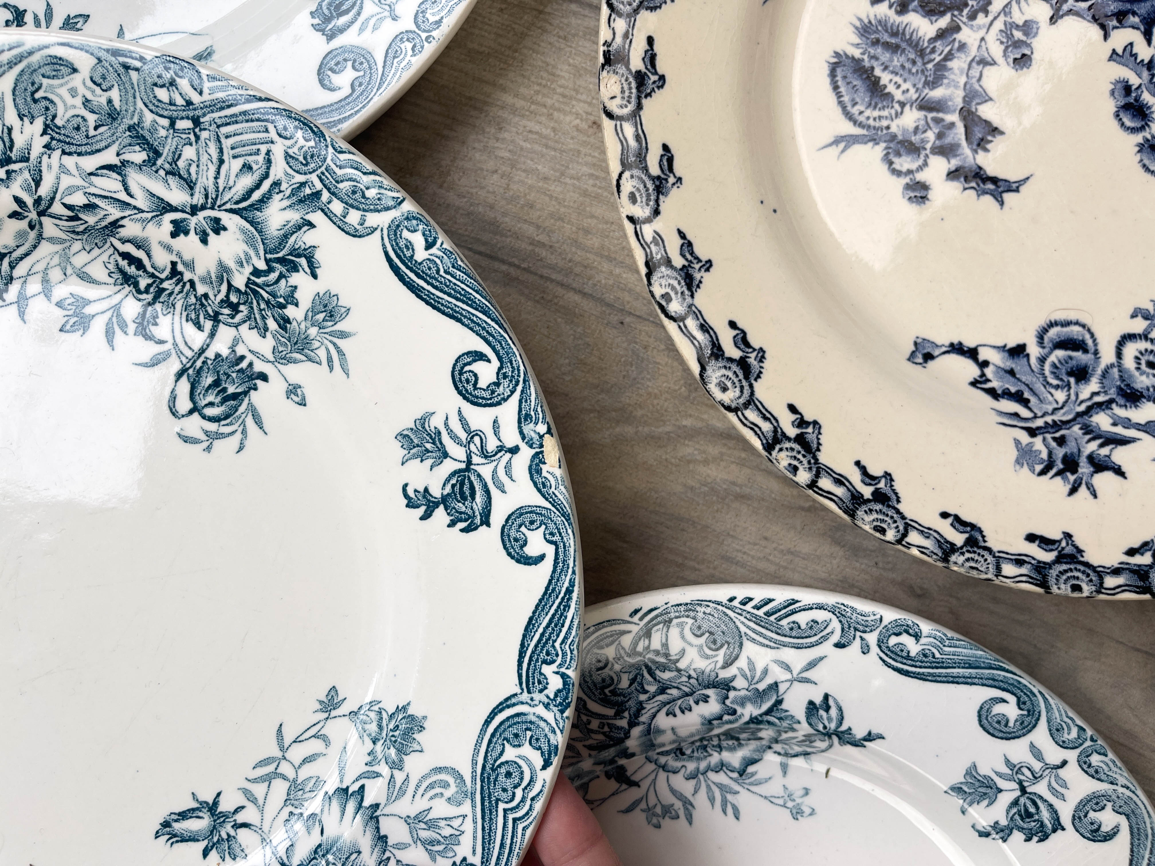6 green and blue mismatched iron earth plates
