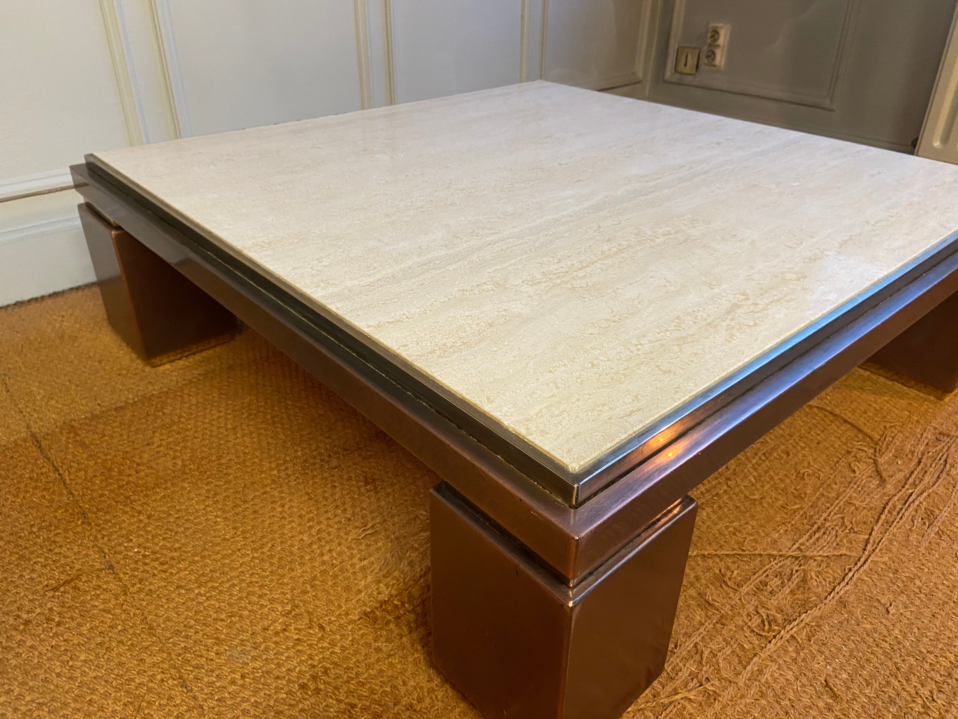 XXL copper, brass and travertine square coffee table, Belgo Chrom