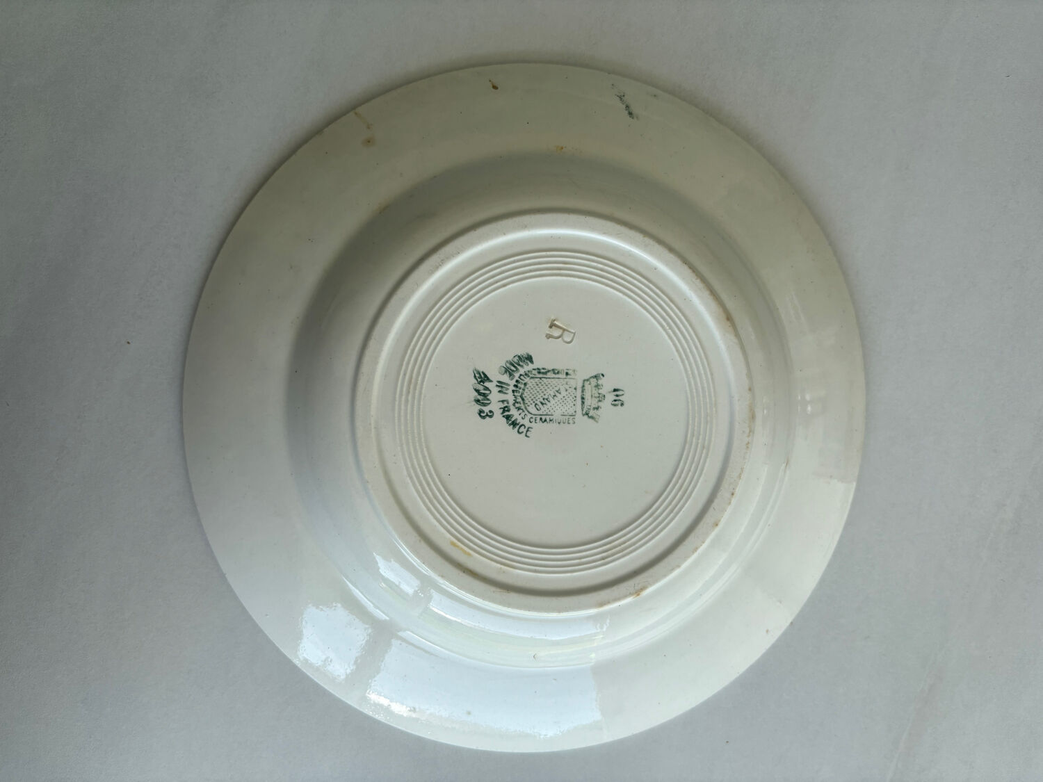 A deep plate in blue and green ironstone, antique French earthenware.