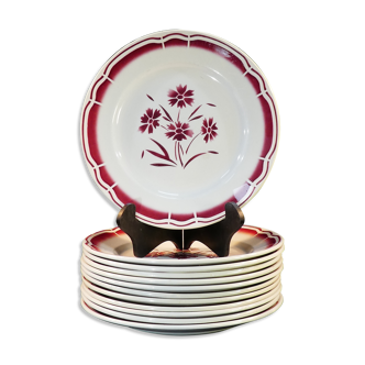 12 assiettes plates en faience de badonviller fb fenal freres décor fleur rouge