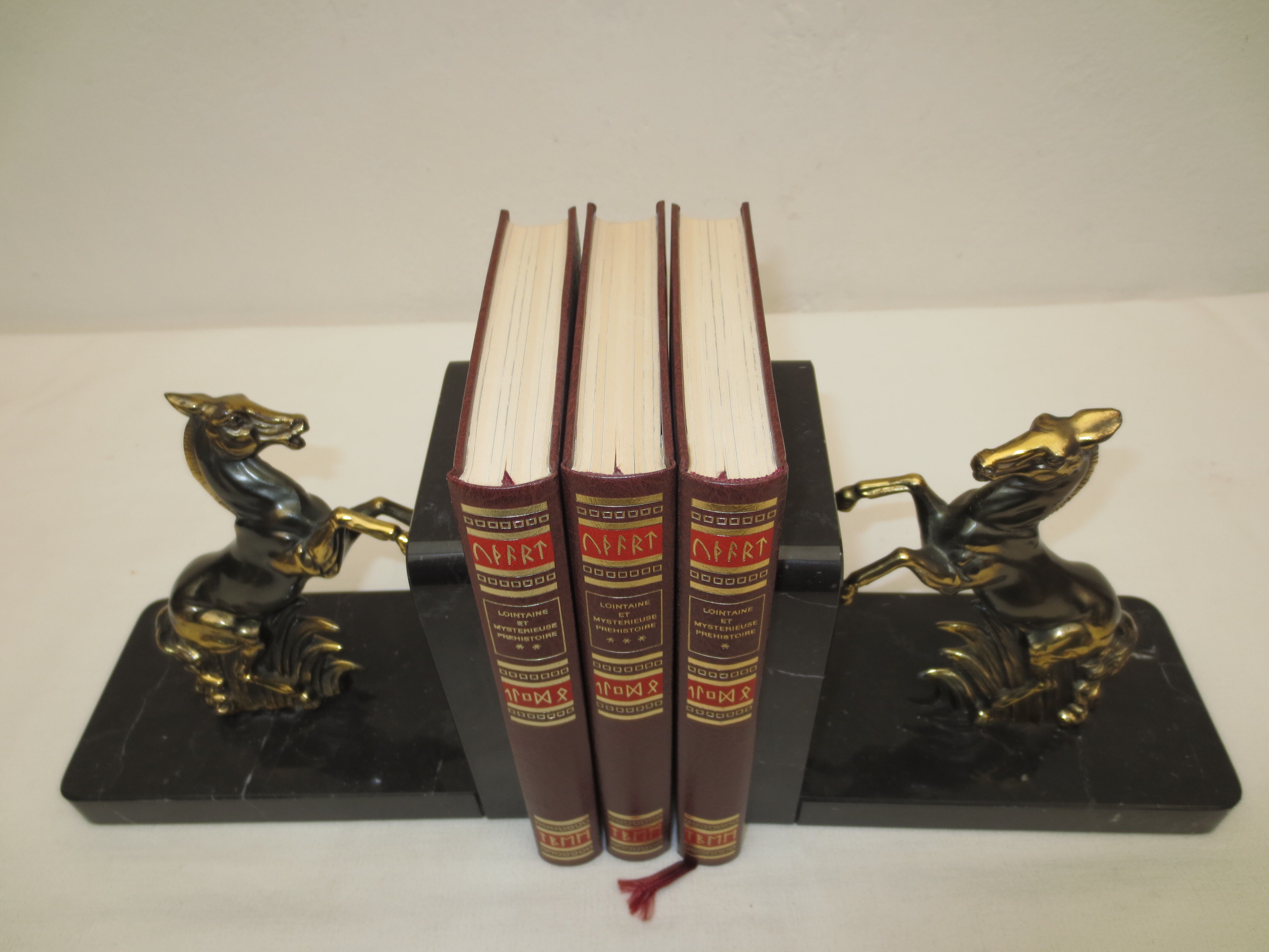 Greenhouse old marble books and metal horses