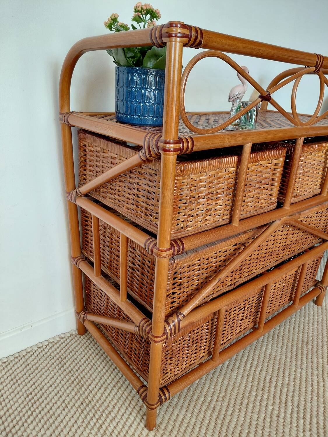 Commode vintage en rotin 4 tiroirs-esprit bohème-bord de mer