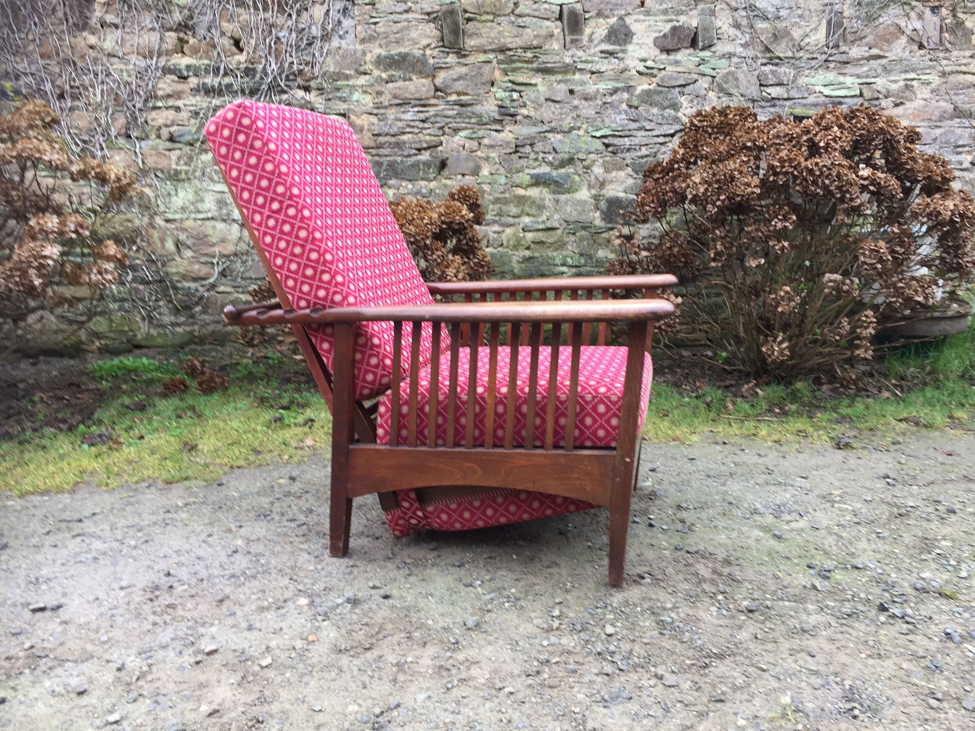 Vintage morris armchair in beech and fabric bordeaux napoleon iii