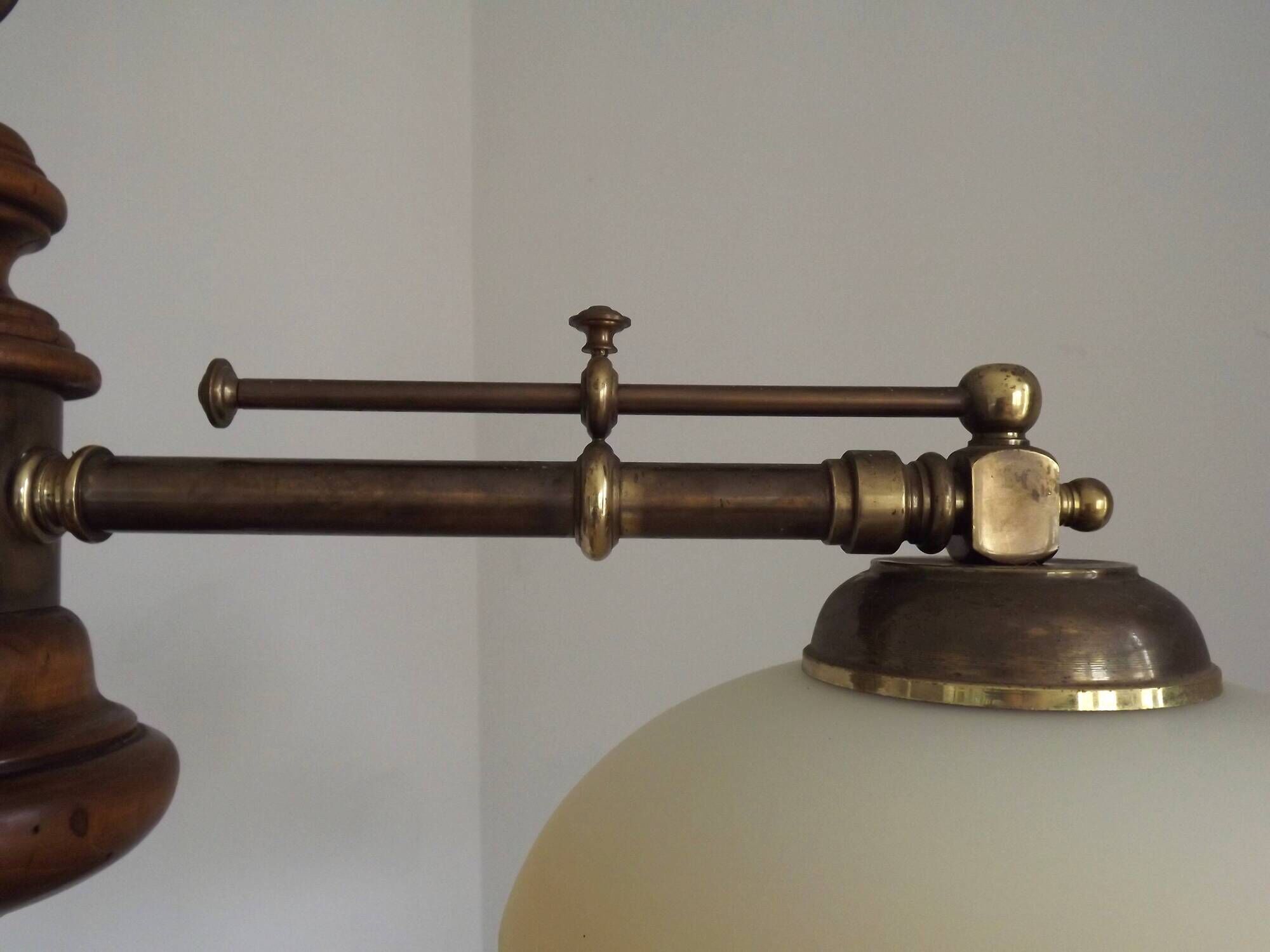 2 Light French Mid Century Extendable Billiard Light In Brass Wood & Glass