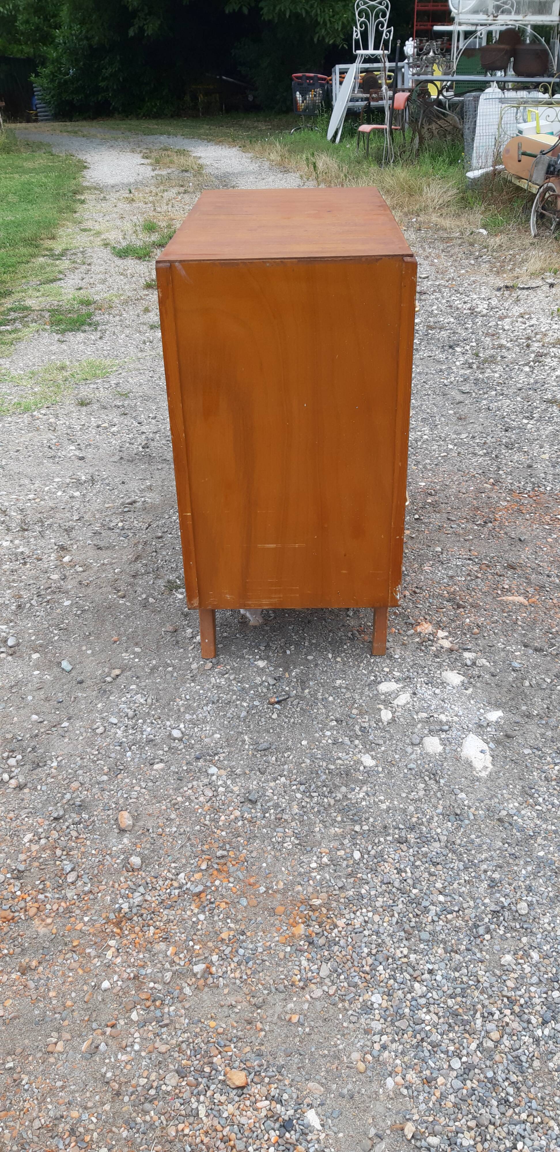 Commode vintage des années 50 en pin, pieds compas, 3 tiroirs