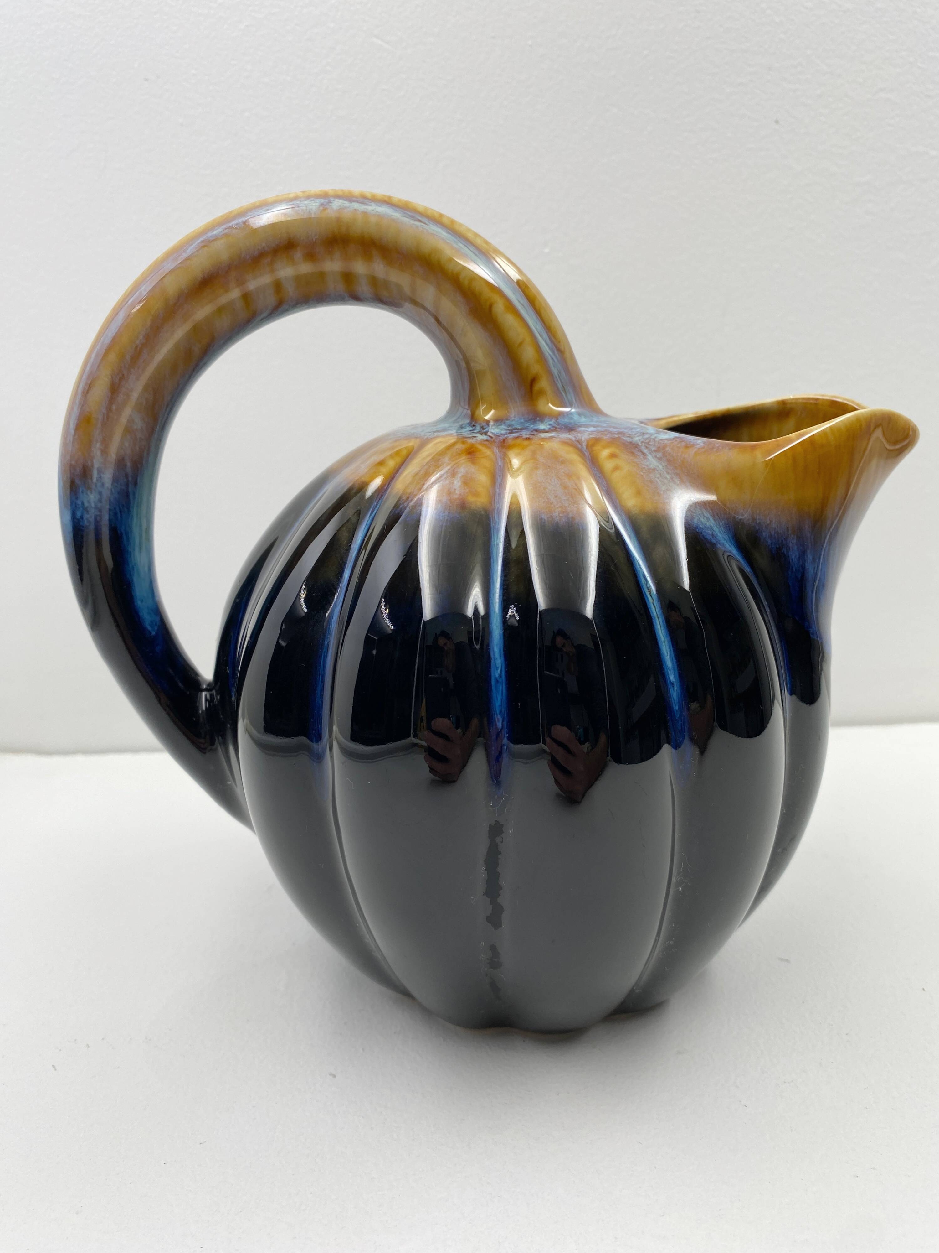 Pitcher Vintage jug in brown and blue ceramic in the shape of a melon