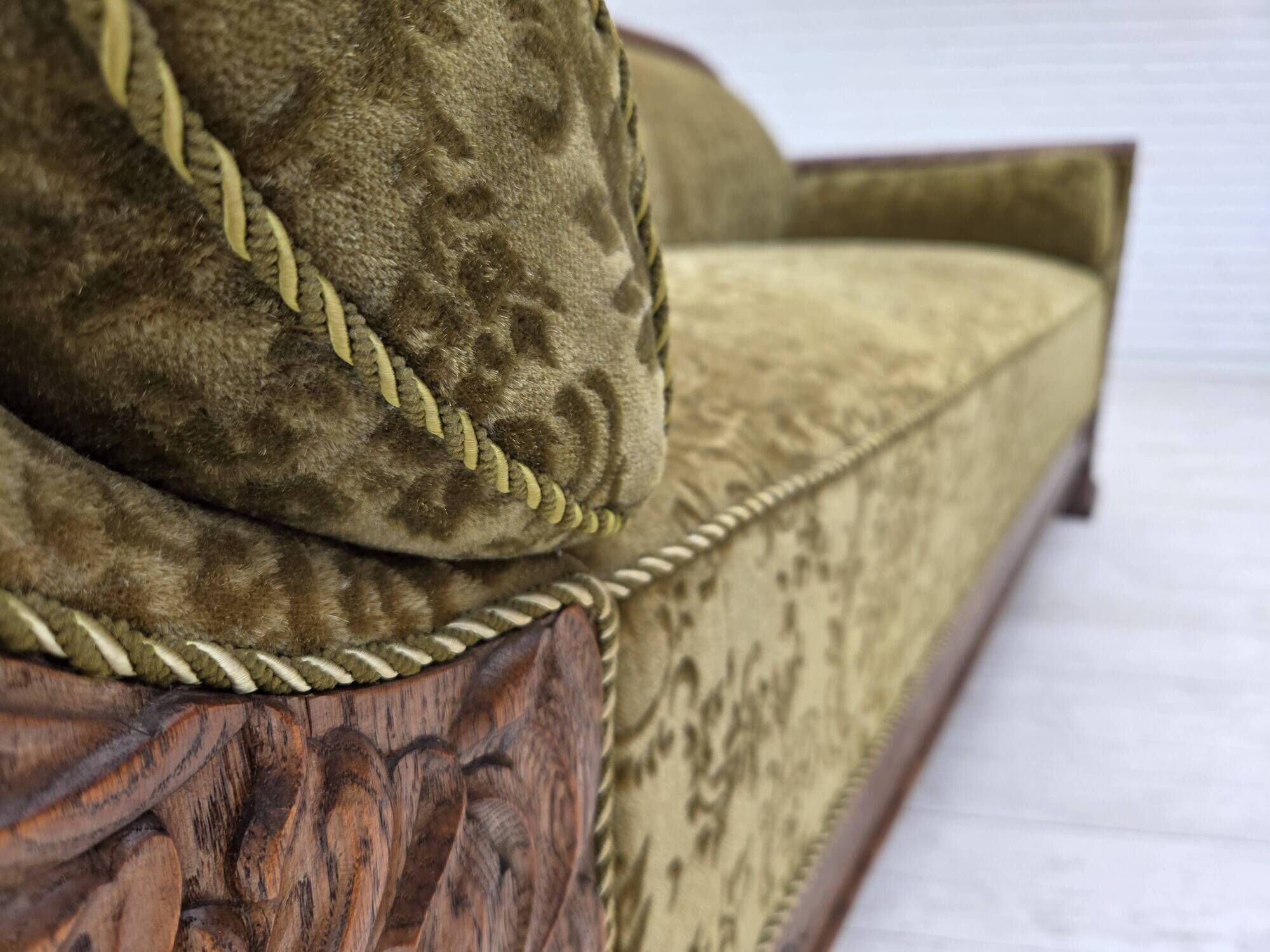 1950s, Danish 3-seater sofa, green furniture velour, oak wood.