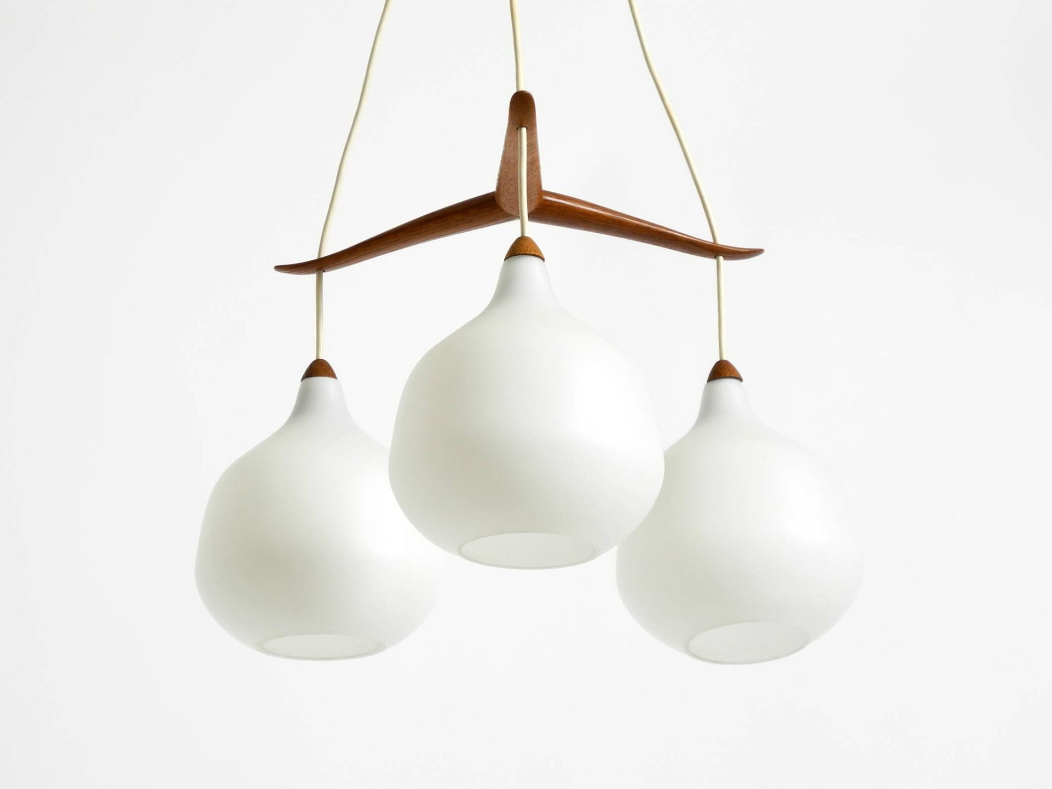 Pendant lamp with opal glass shades teak frame by Uno & Östen Kristiansson