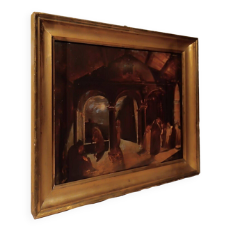 tableau ancien grande esquisse à l'huile sur panneau Couvent des Frères 19ème siècle
