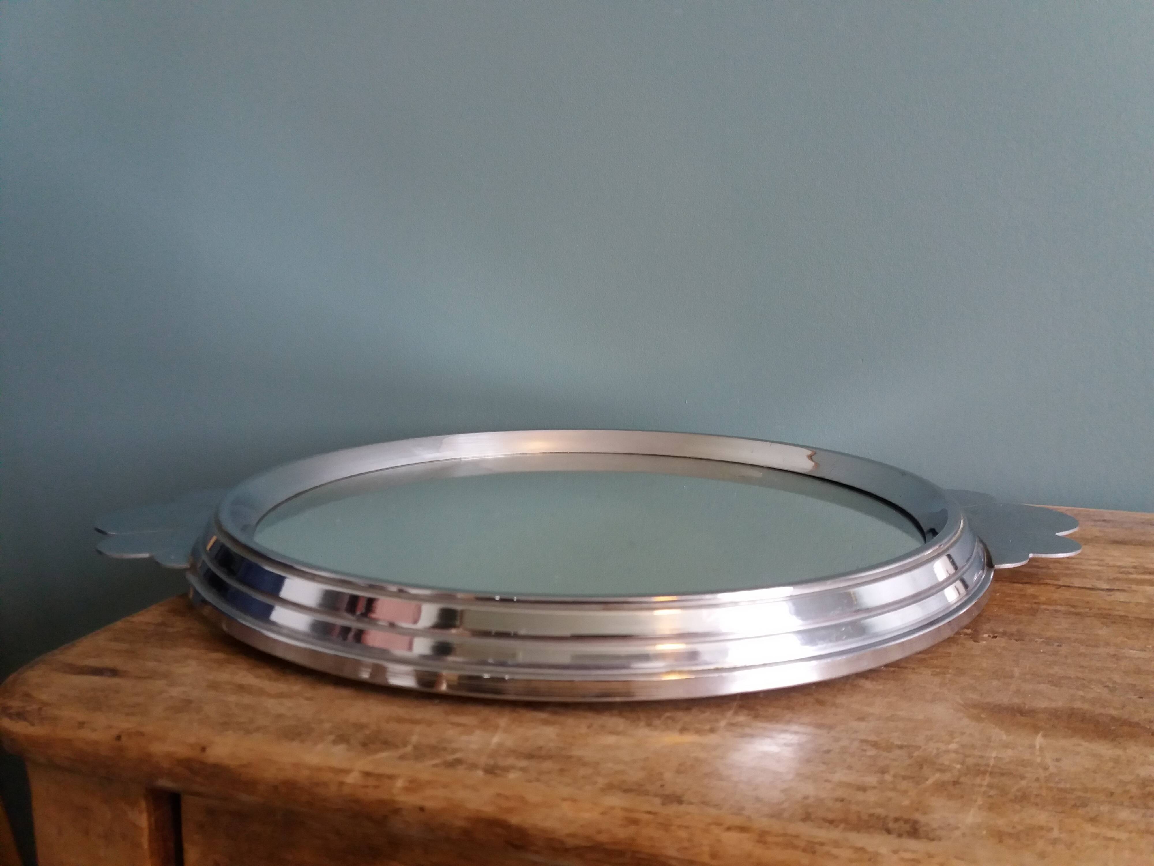 Art Deco silver round mirror tray