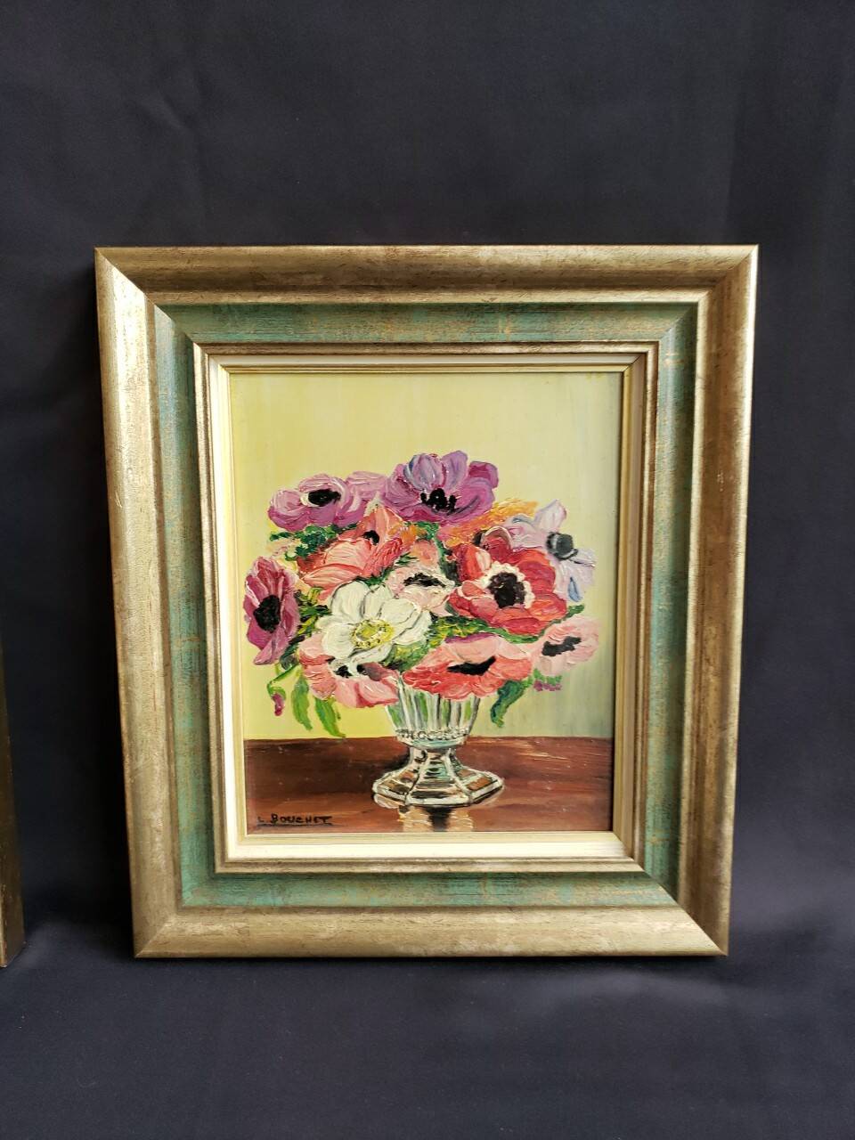 Pair of oils on panel "bouquet of yellow roses" and "bouquet of anemones"