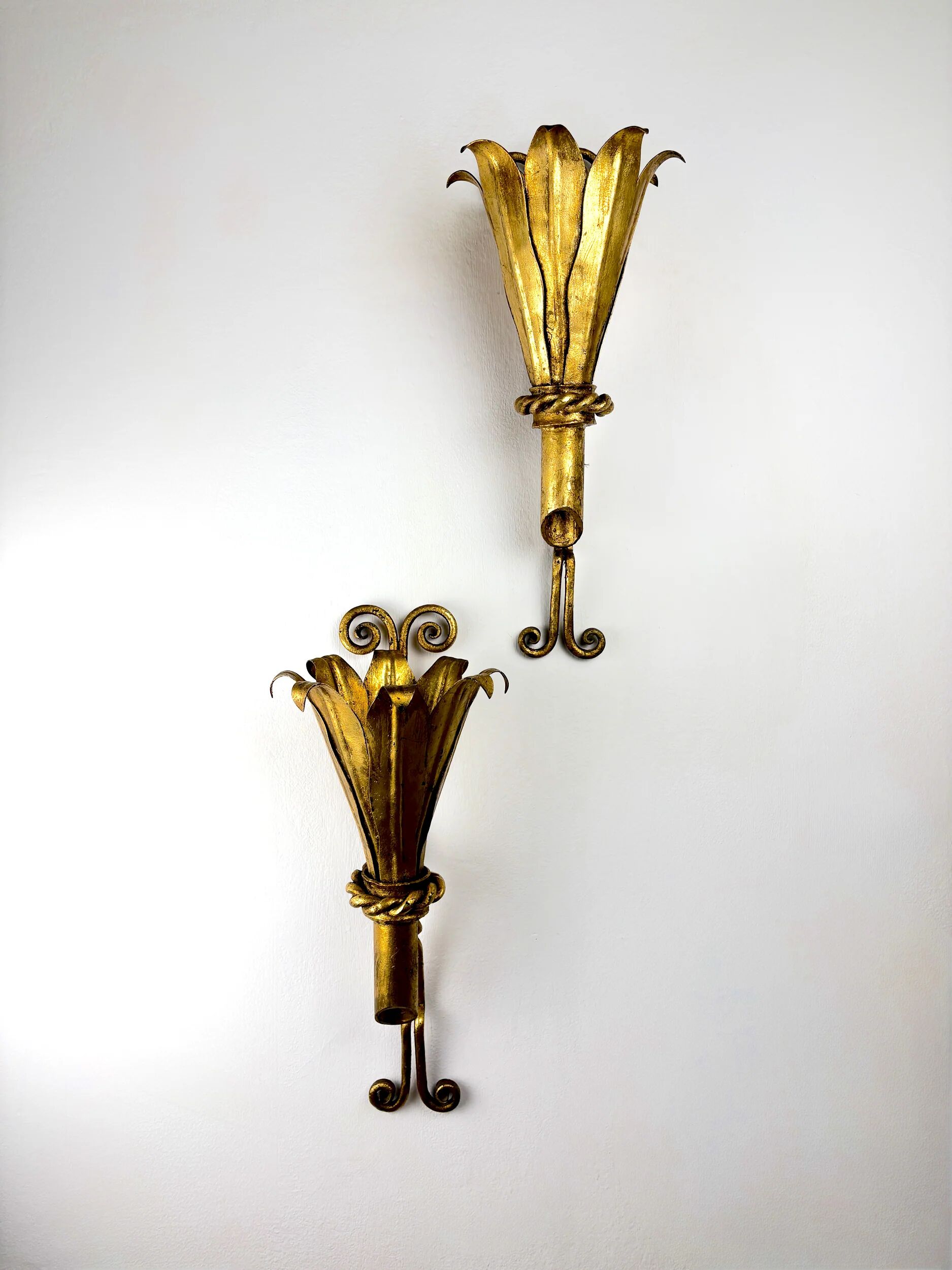 Pair of XL gilt metal tulip wall sconces, France, 1960s
