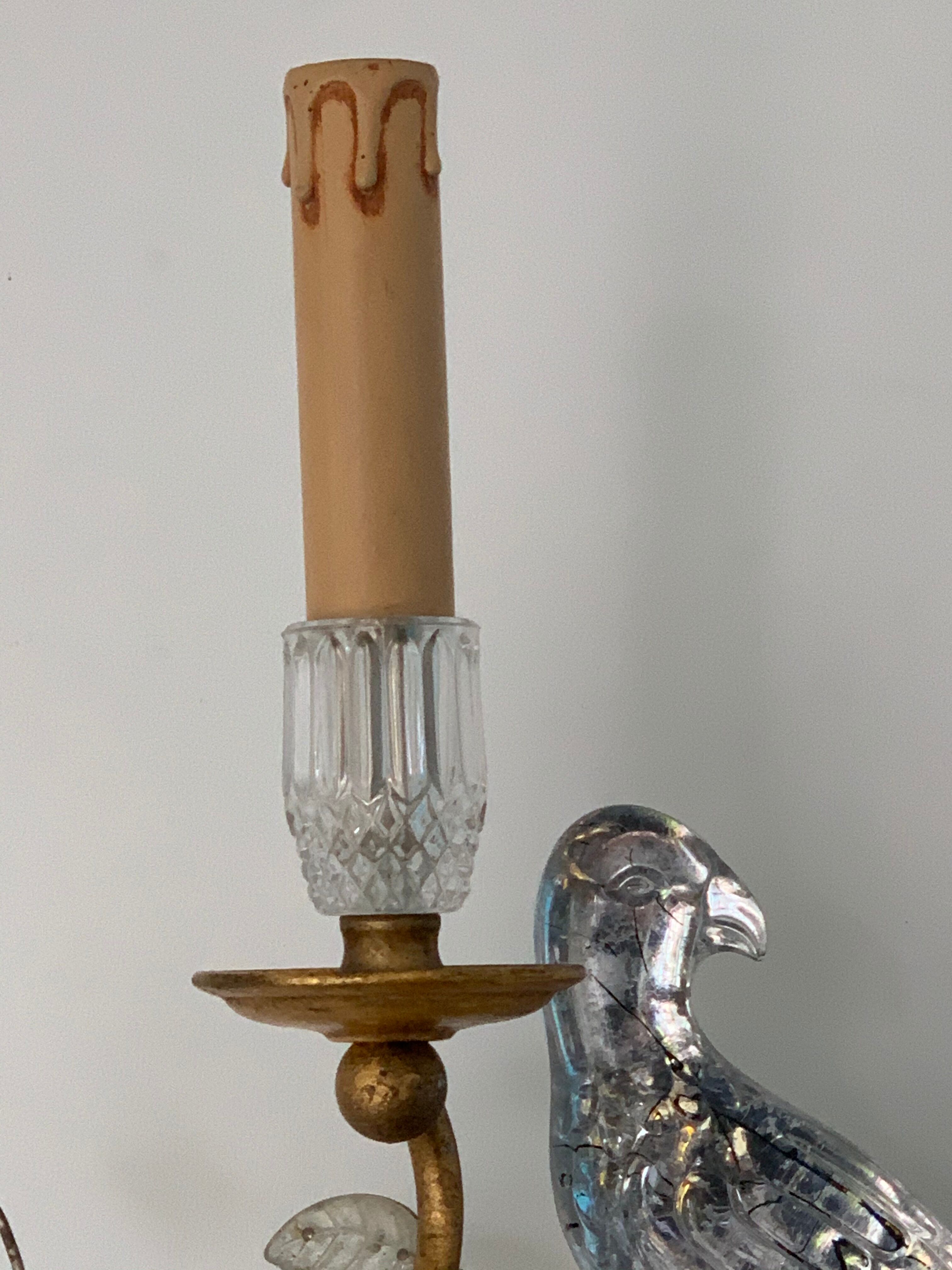 Pair of parrot crystal or parakeet wall sconces Maison Baguès 1950