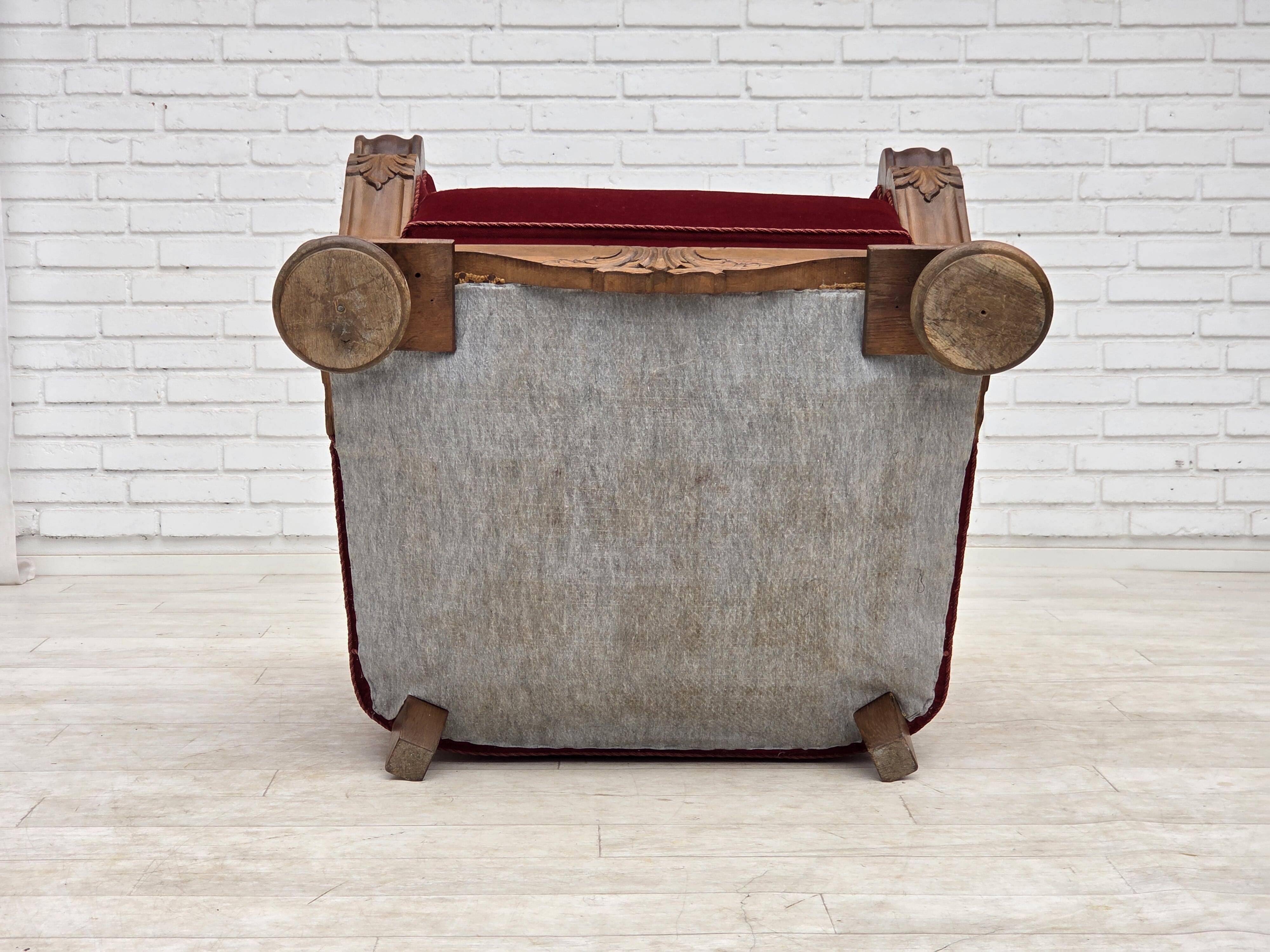 1950s, Danish relax armchair, furniture velour, carved oak wood.