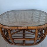 Oval coffee table in rattan and cane, vintage double top.