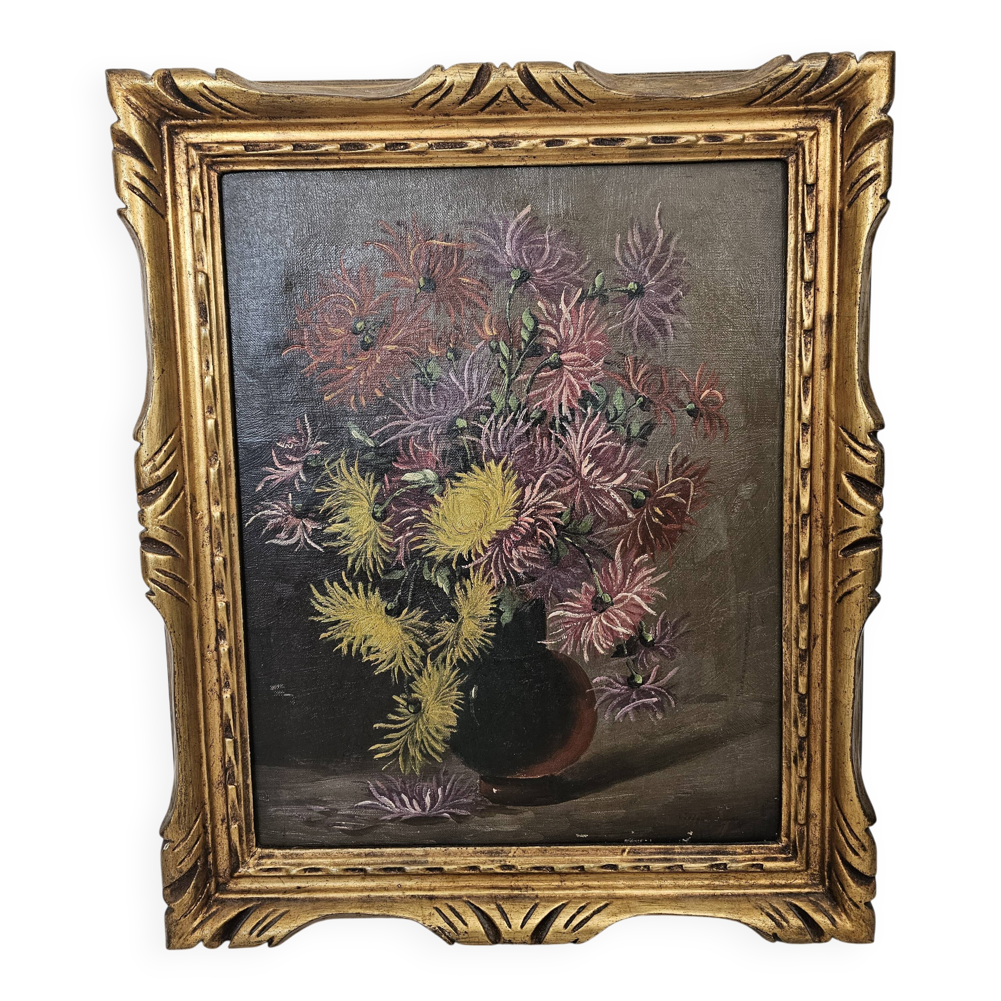 Old Oil on Canvas Painting - Still Life with Bouquet Signed M. G.