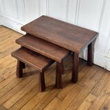 Vintage set of 3 brutalist oak nesting tables 1970