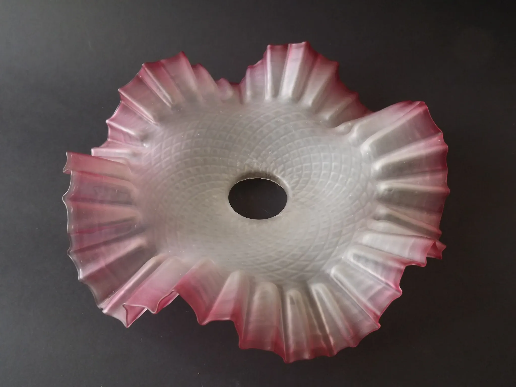 French Vintage 1930s Patterned Pink And White Frilled Glass Shade