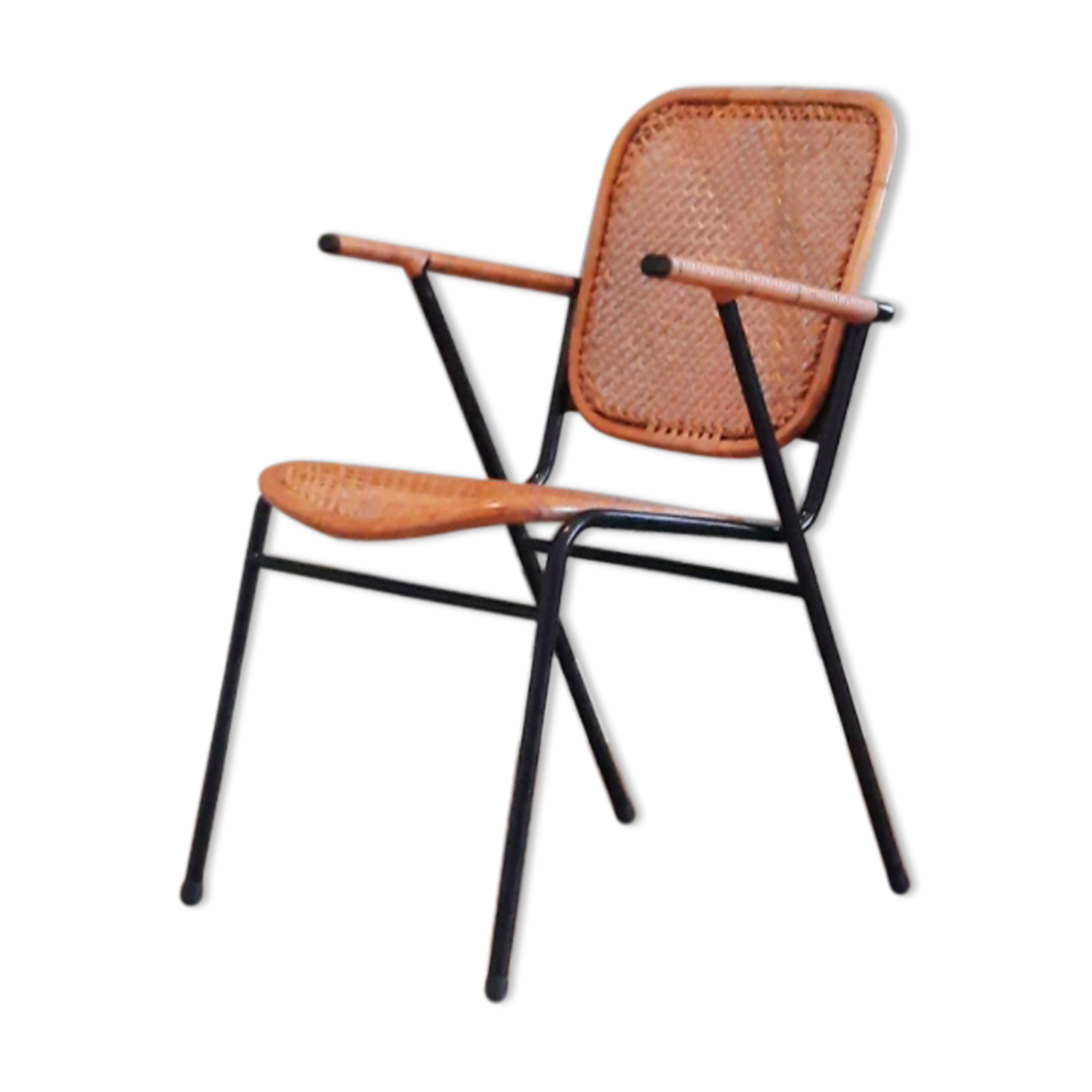 1950s chair in black metal and braided rattan