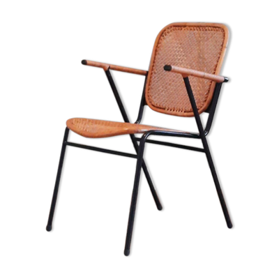 Chaise des années 1950 en métal noir et rotin tressé