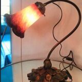 1940s Art Deco bronze and tulip lamp signed French glass