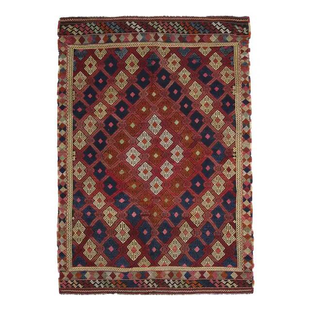 1970s Vintage Turkish Oushak Handmade Wool Cotton Red Kilim Rug 195x263