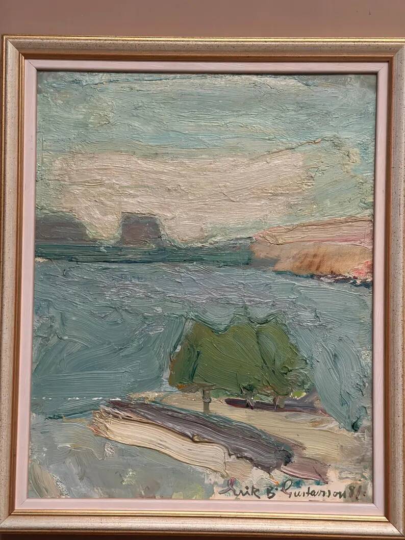 Original Swedish Oil on Canvas – "Coastal Landscape" by Erik Birger Gustavsson – Signed – Dated 1981 – Vintage and Framed – 41 × 33 cm (16.1 × 13 inches)
