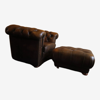 Chesterfield club armchair and ottoman in chestnut-coloured leather
