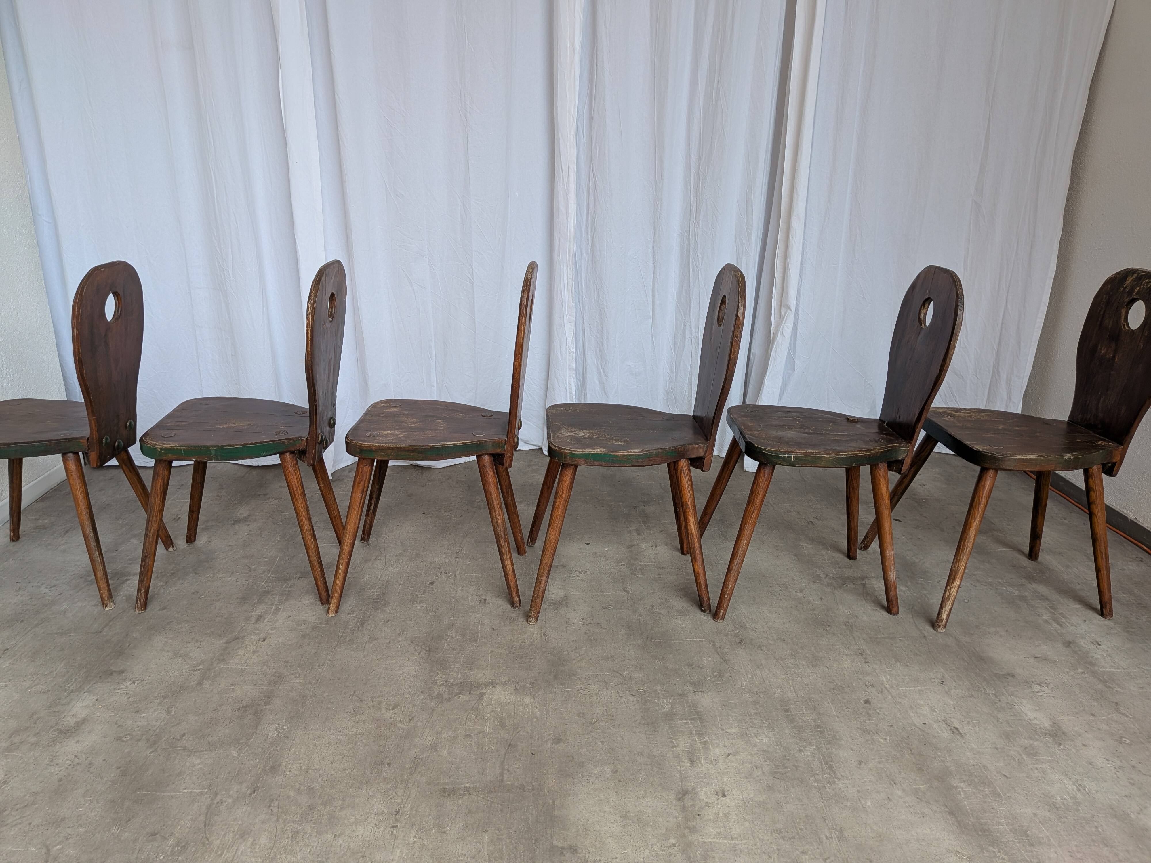 Set of 6 Vintage Brutalist Wooden Chair / Rustic Farmhouse Dining Chair