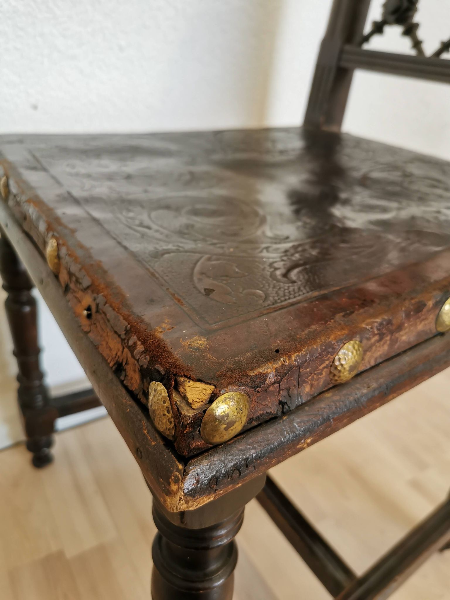 Antique 1930s Leather Dining Chair: Carved Wood Base, Metal Accents