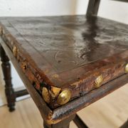 Antique 1930s Leather Dining Chair: Carved Wood Base, Metal Accents