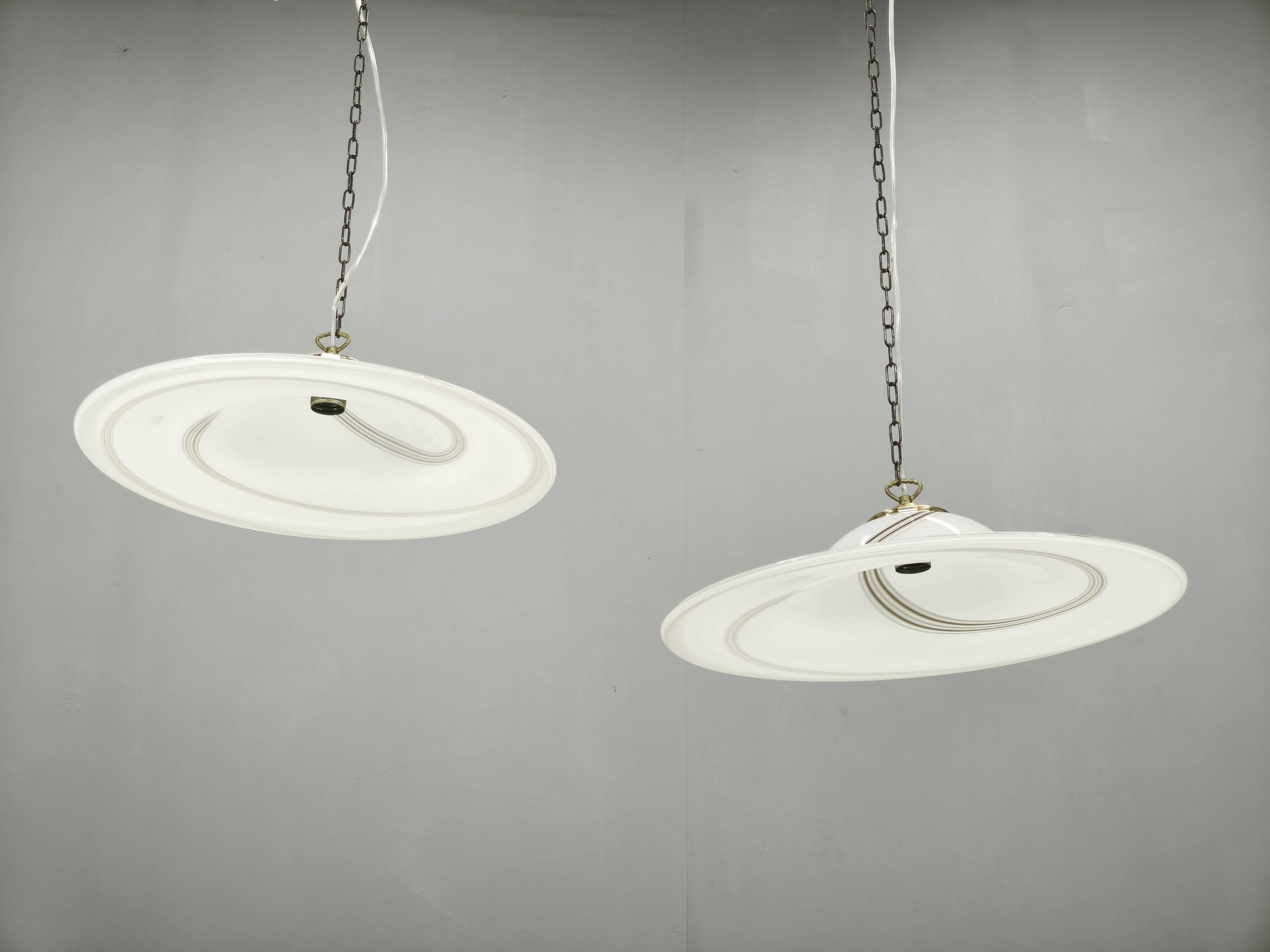 Pair of 1970s Italian Murano Opaline Glass and Brass Pendant Lights
