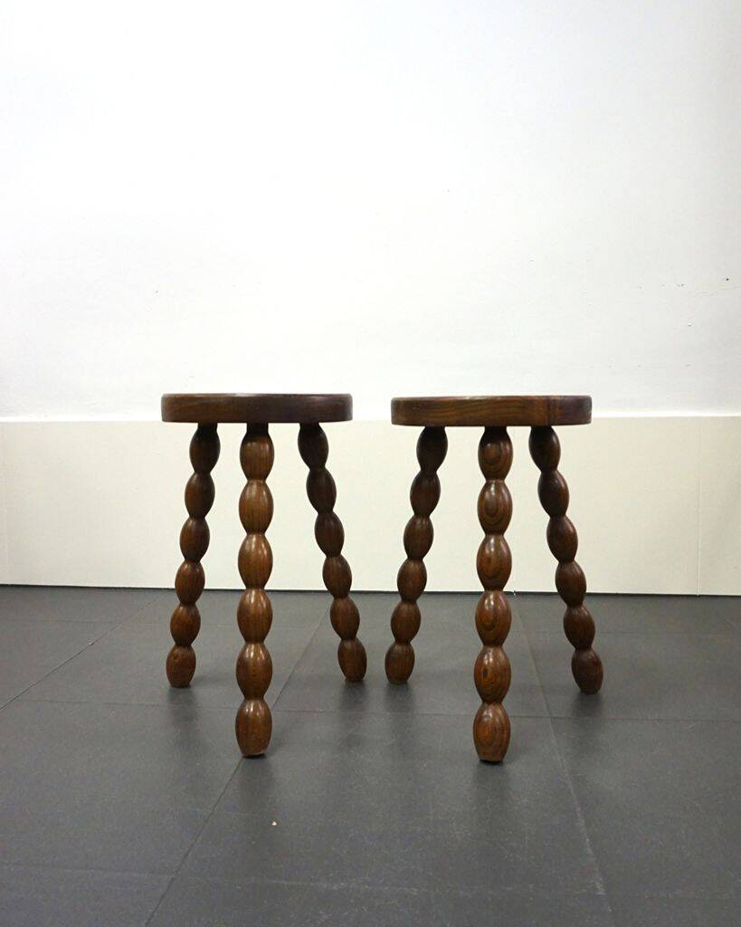 Pair of turned stools in brutalist style