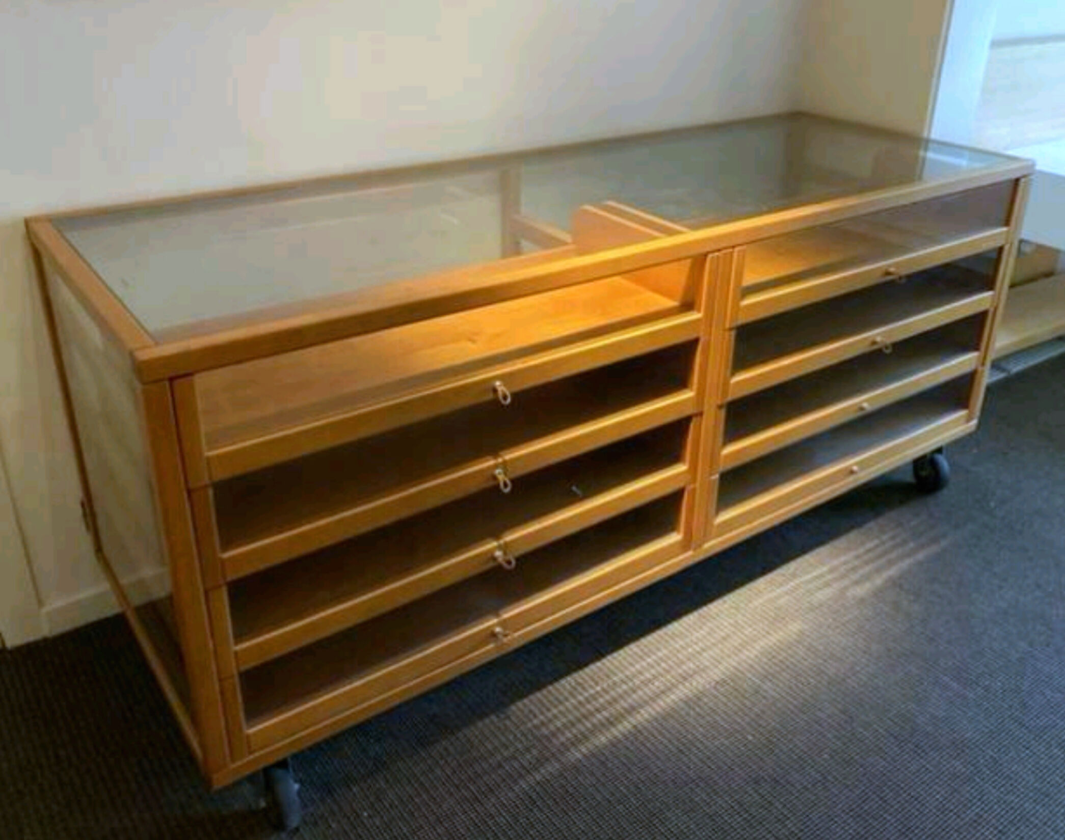 Vintage beech and glass display counter 1970