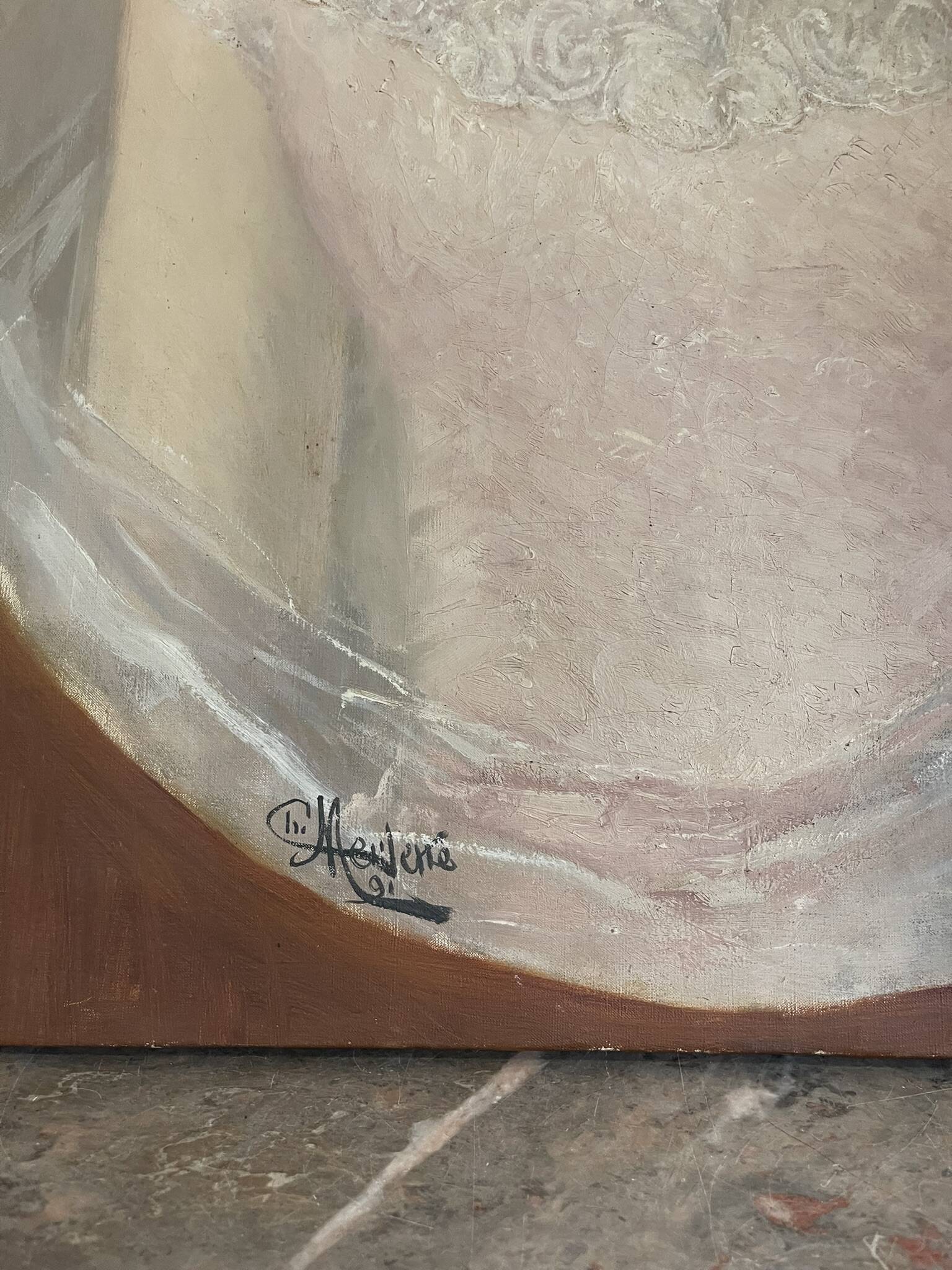 Tableau peinture huile toile portrait femme robe dentelle xixème 19ème merl