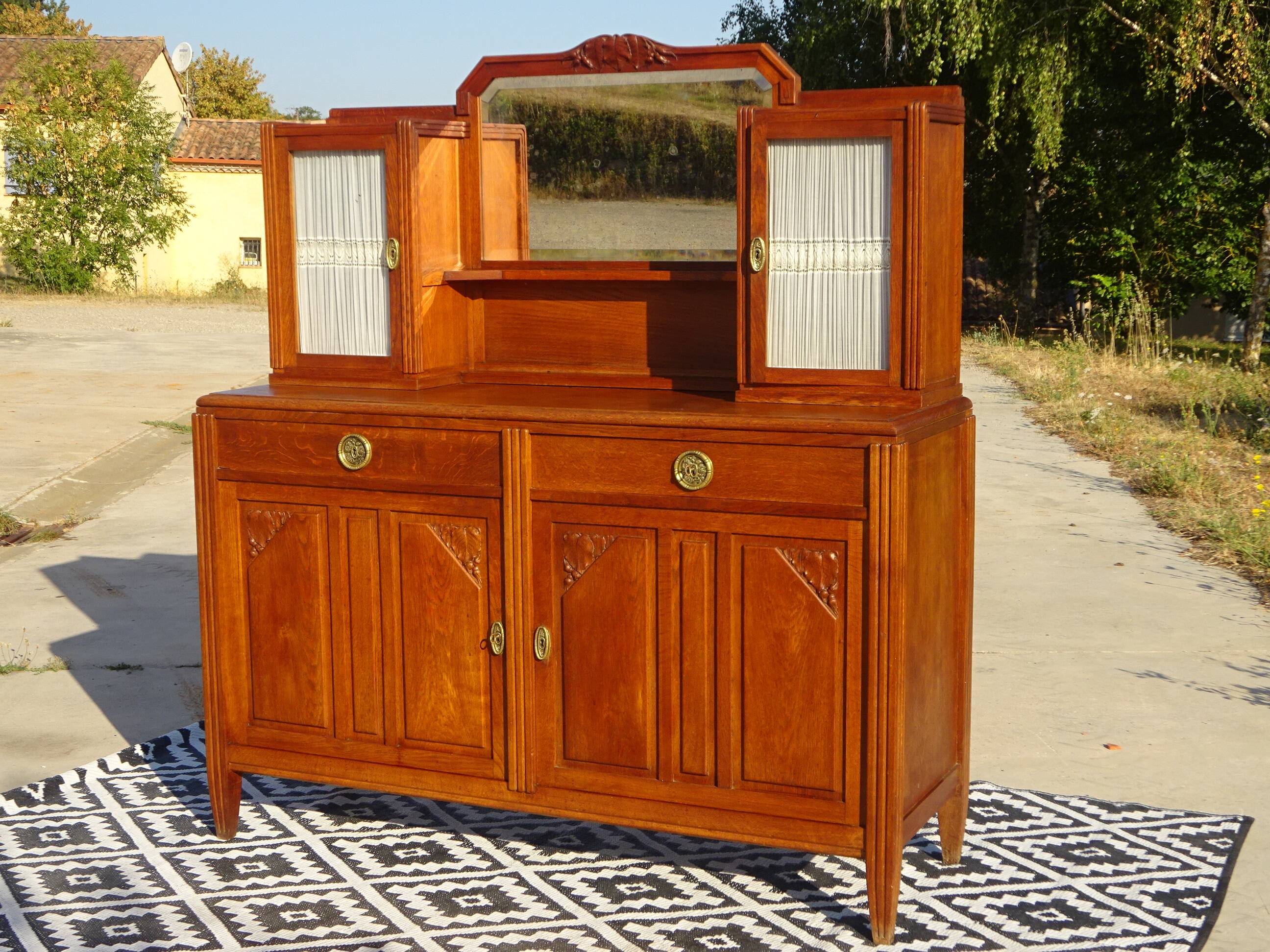 Vintage oak sideboard with sentry boxes and mirror