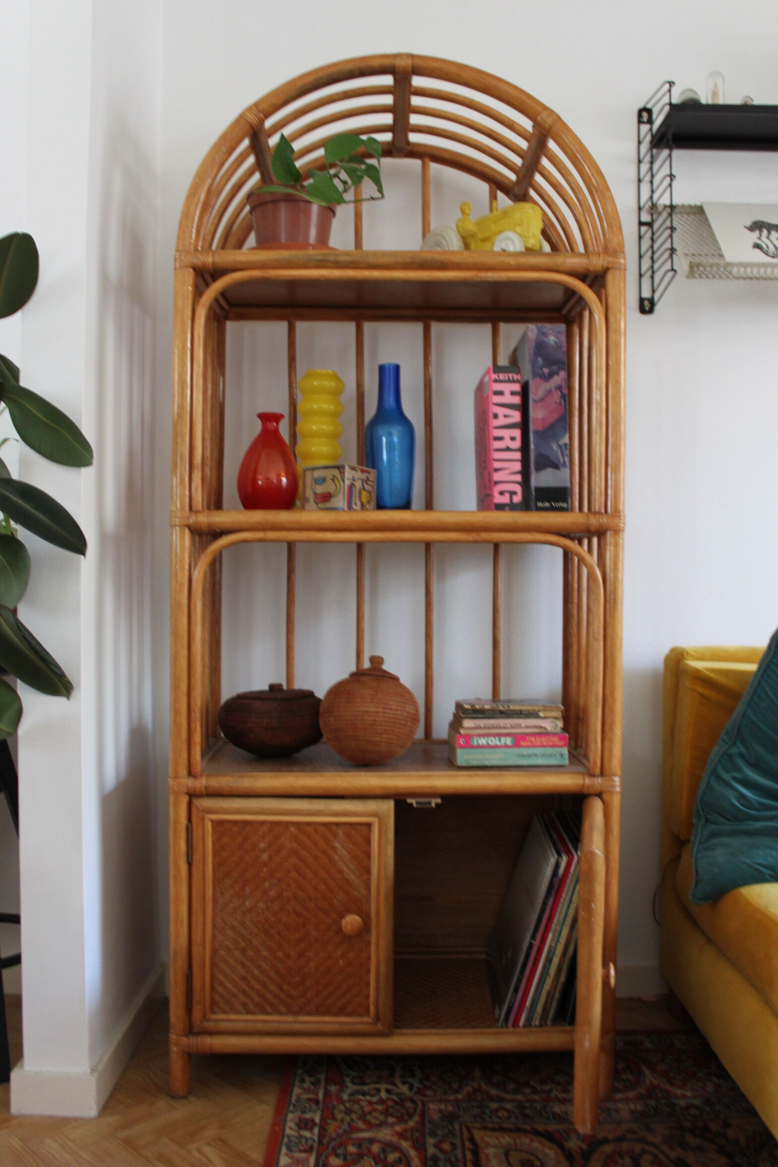 Woven rattan and bent bamboo arched bookcase display high wall cabinet.