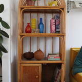 Woven rattan and bent bamboo arched bookcase display high wall cabinet.