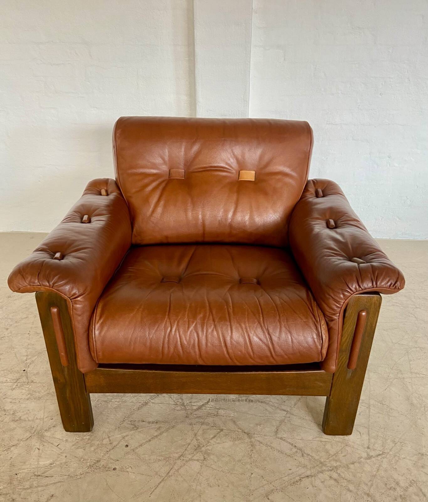 Mid-century vintage Scandinavian leather lounge chair in cognac brown leather