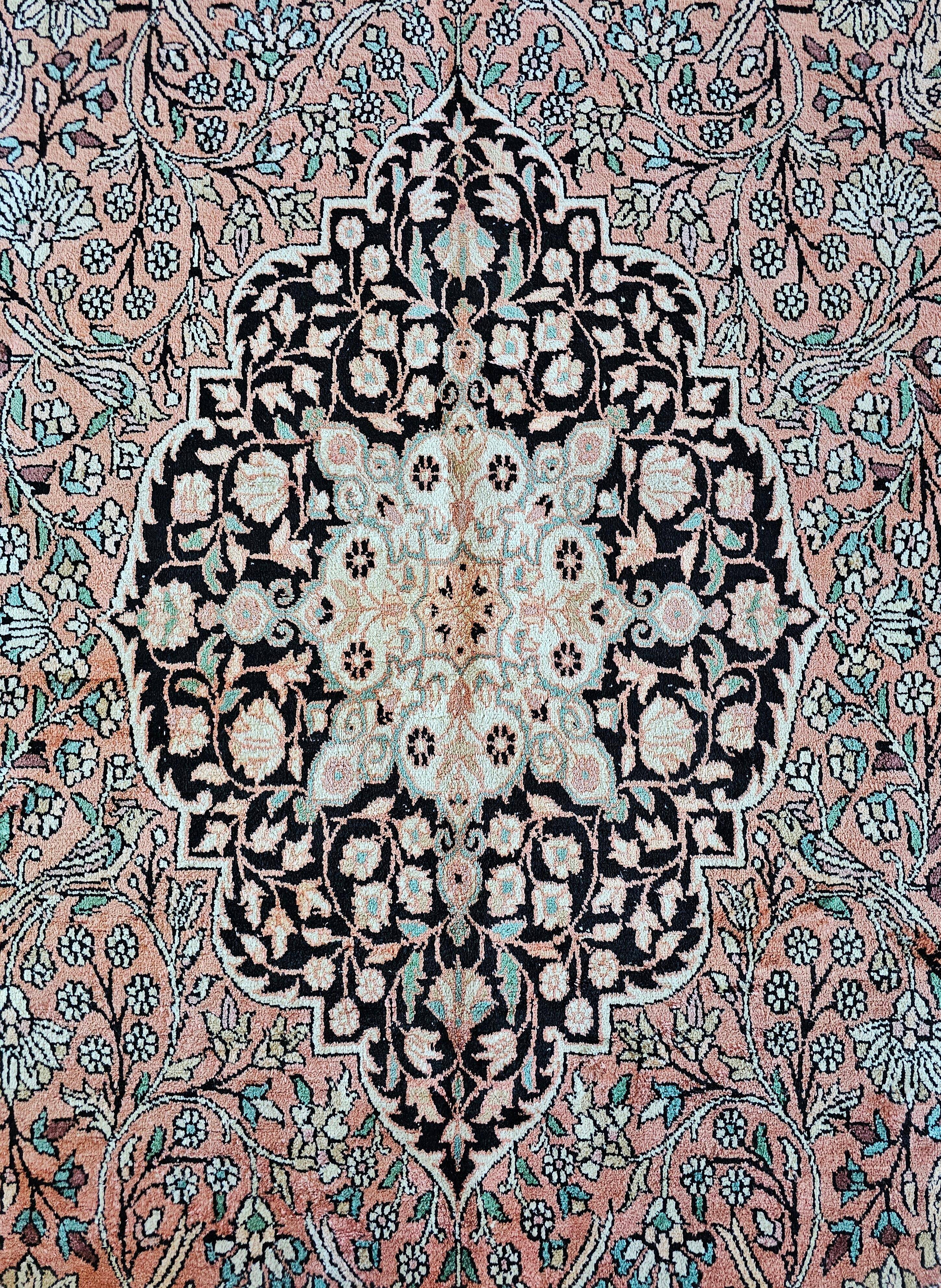 Vintage Kasmir Silk Hand-Knotted Rug with Floral Pattern, Pakistan 1950s