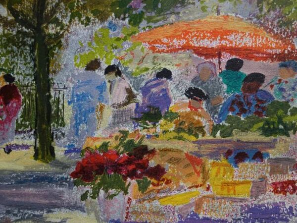 Lithographie ''Marché place des Carmes'' signée Yvonne Cheffer Delouis